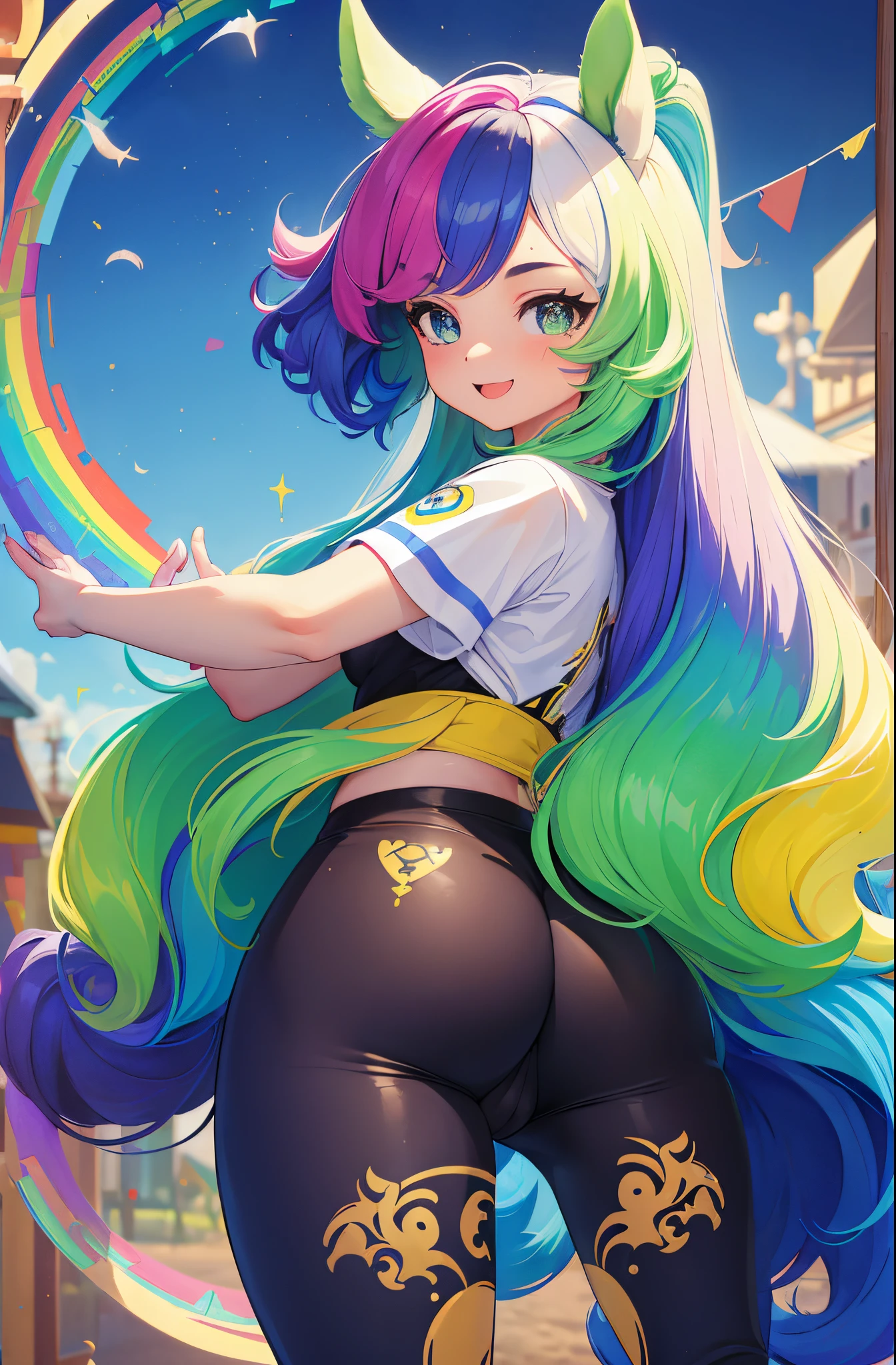 (obra-prima, melhor qualidade: 1.2),solo, girl with horse ears, sorriso, de costas para o espectador, big butt, roupas esportivas, campo de futebol, diamond, multicolored hair, multicolored eyes