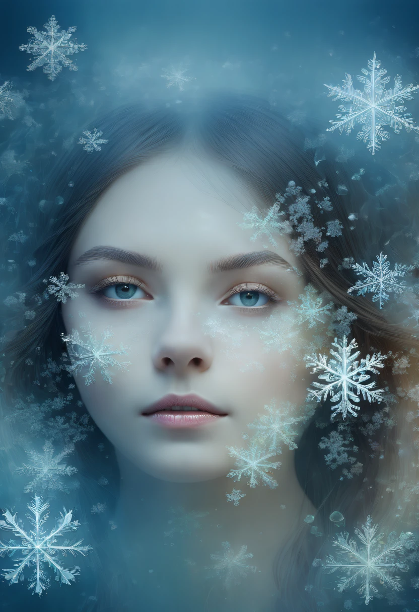 The princess's face appears in the air,(multiple exposure:1.8),winter landscape,Surreal wonderland,Dreamy cloud and fairy island,(Big snowflakes:1.3),Colorful big snowflakes are flying,A princess'The palace is covered with snow,The tree of life blooms with endless vitality,Twinkling stars in the night sky,Overlapping clouds and fog,Whimsical fantasy landscape art, Beautiful Art Ultra HD 8K, 8K highly detailed digital art, beautiful detailed fantasy, epic dreamlike fantasy landscape, Mysterious and dreamy scenery, Magic fantasy is very detailed, magical scenery, Made up of big snowflakes and dreamy floating fairy islands, detailed fantasy digital art, 8K detailed digital art