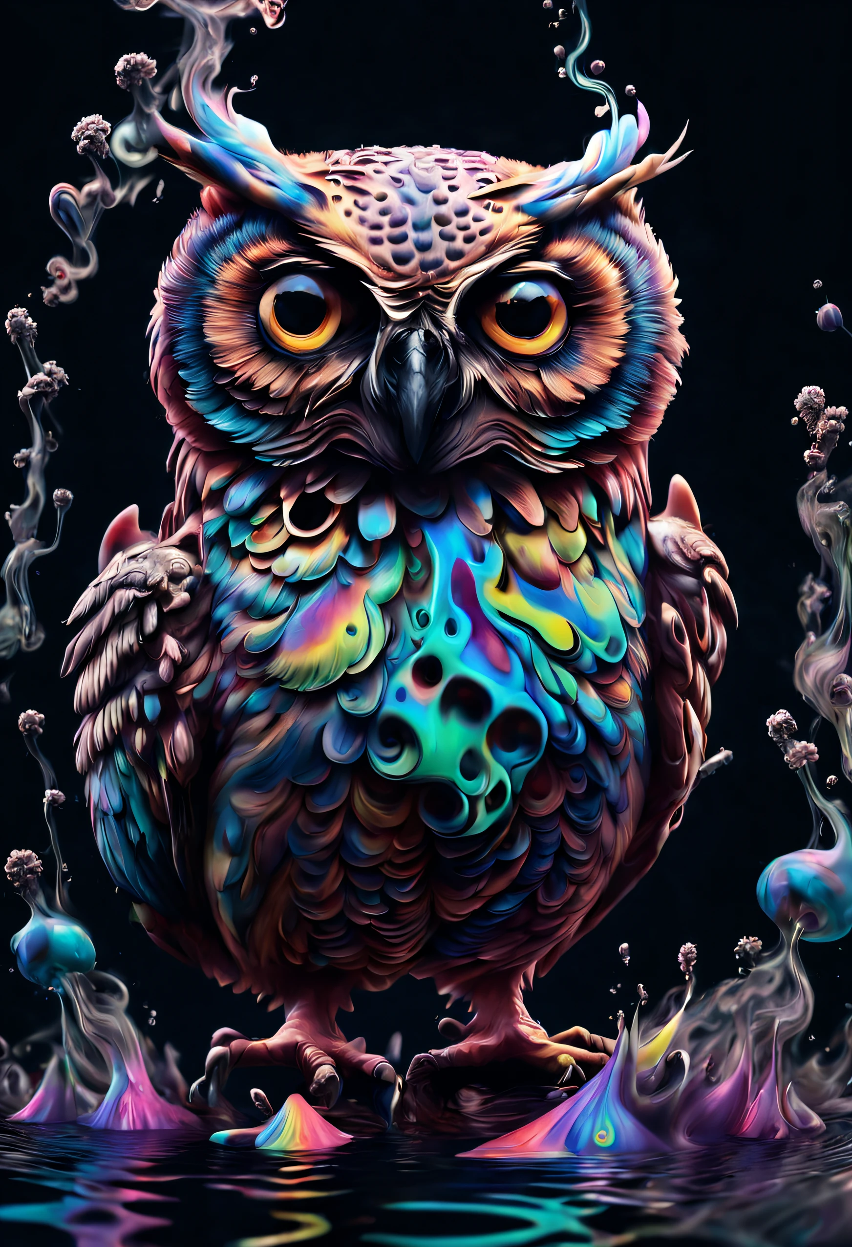 photorealistic movie still of a water, tito owl, smoke, no humans, black background, liquid, gradient background, 10k high resolution, psychedelic trip,