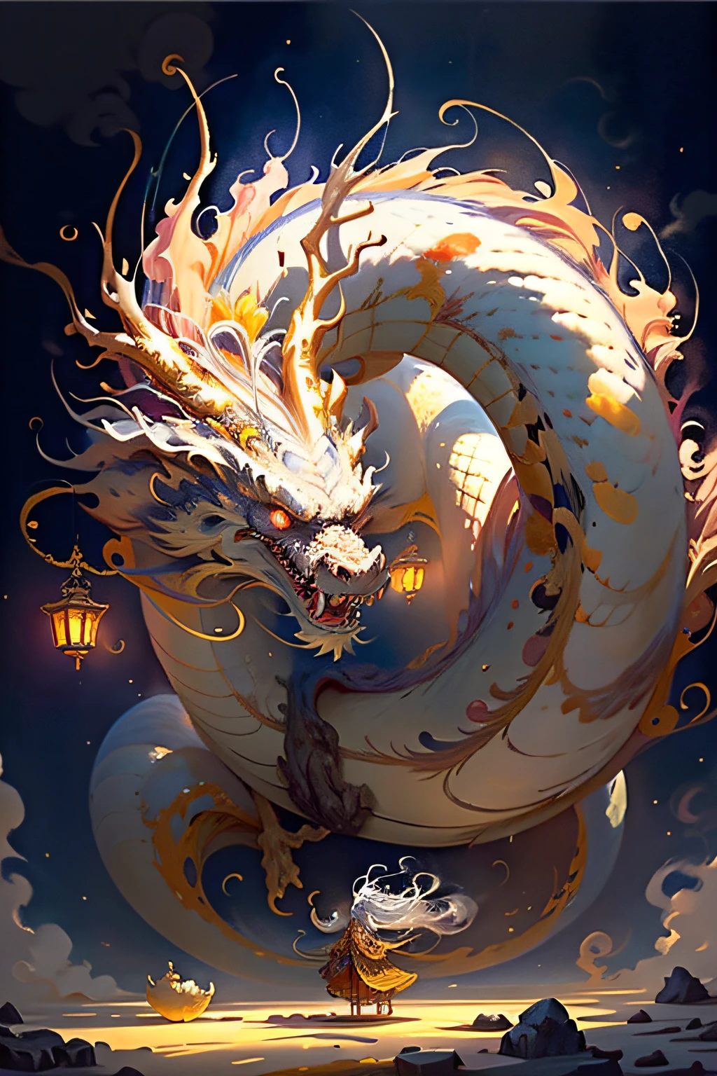 with golden theme，best qualtiy，tmasterpiece，超A high resolution，japanese dragon，climb the sky、云、white clouds、（long to：1.2），（finely：1.2），Long hair，sharpteeth，red eyes，牙，immensity，a bird，outside of house，standing on your feet，wrapped in hops，hop，Crowdanya，from the rear，s Armor，Skysky，with her mouth open，faceoff，Accumulation power，ogre，White hair，buliding，Vale，（textures true to reality：1.2），（Glowing multicolored scales：1.2），（realistic detail：1.2），nffsw，Ultra-detailed 3D modeling，like Tim Burton、Dale Chihuli、Xiaolongcheng、Cyril Roland and other writers，small etc... Giger's painting style is equally magical。Shadows and lighting intertwine，Produce great results。