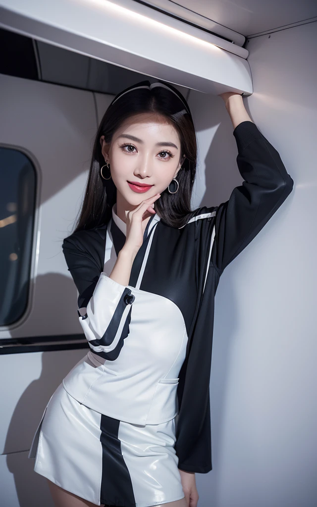 (8K ultra-clear picture quality), (quality), (Original image quality),(On a table:1.2), (actual), (realistically:1.37), ,largeeyes,long eyelasher,（live-action realistic style),Realistic light and shadow,Clear facial features,,Fair skin, ）,(The ultimate face,phenomenal beauty),Best Portrait, 1-girl,beautidful eyes,highlydetailed skin,(Beautiful face with double eyelids), (actual: 1.4),((entire body image)) ,exquisite and beautiful face,,Women around 30 years old,(Beautiful Face 1.4),Straight hair length,,(lipsticks,Weakness around the eyes,Beautiful earrings),((Photographed in the aircraft booth)),(mid air,)),,(stewardess wear),,(3/4 length),Front Shooting,,Get up close,((Stand like a model airplane,Lift up the skirt，Exposing white latex)),The navel is visible,Navel Exposed,(((Always look at the audience and smile),（latex），(and slight exposure),The skirt is opened,in a skirt、((Wearing a flight attendant suit)),(Show a beautiful smile without opening your mouth)