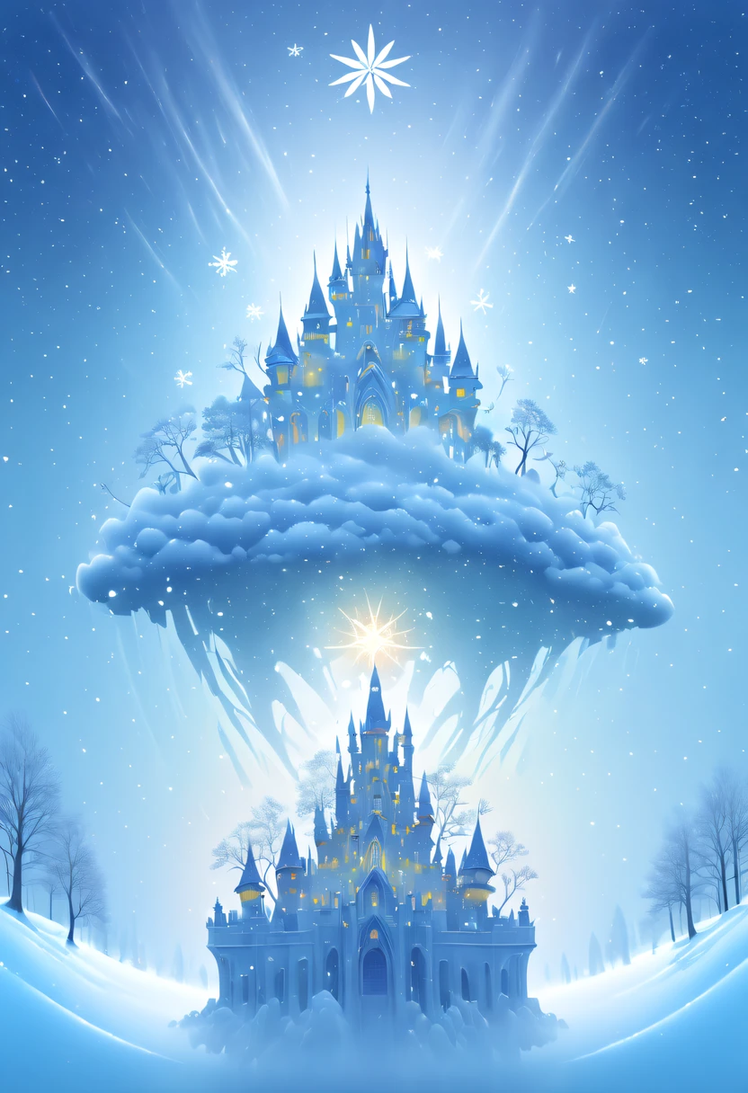 The princess's face appears in the air,(multiple exposure:1.8),winter landscape,Surreal wonderland,Dreamy cloud and fairy island,(Big snowflakes:1.3),Colorful big snowflakes are flying,A princess'The palace is covered with snow,The tree of life blooms with endless vitality,Twinkling stars in the night sky,Overlapping clouds and fog,Whimsical fantasy landscape art, Beautiful Art Ultra HD 8K, 8K highly detailed digital art, beautiful detailed fantasy, epic dreamlike fantasy landscape, Mysterious and dreamy scenery, Magic fantasy is very detailed, magical scenery, Made up of big snowflakes and dreamy floating fairy islands, detailed fantasy digital art, 8K detailed digital art