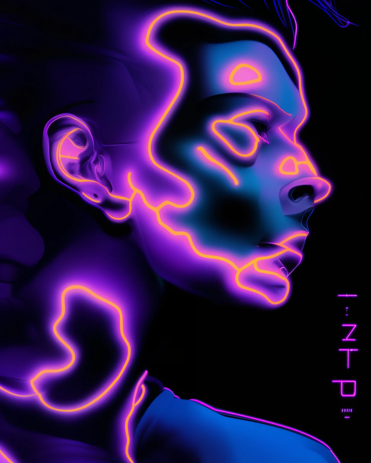 um close de uma garoto com rosto neon e fundo preto, inspirado em Tytus Czyżewski, arte digital neon, Arte digital hiper colorida, Directed by: Tytus Czyżewski, arte digital synthwave, estilo de arte synthwave, estilo vaporwave, estilo de arte synthwave ]!!, Retrato estilizado H 640