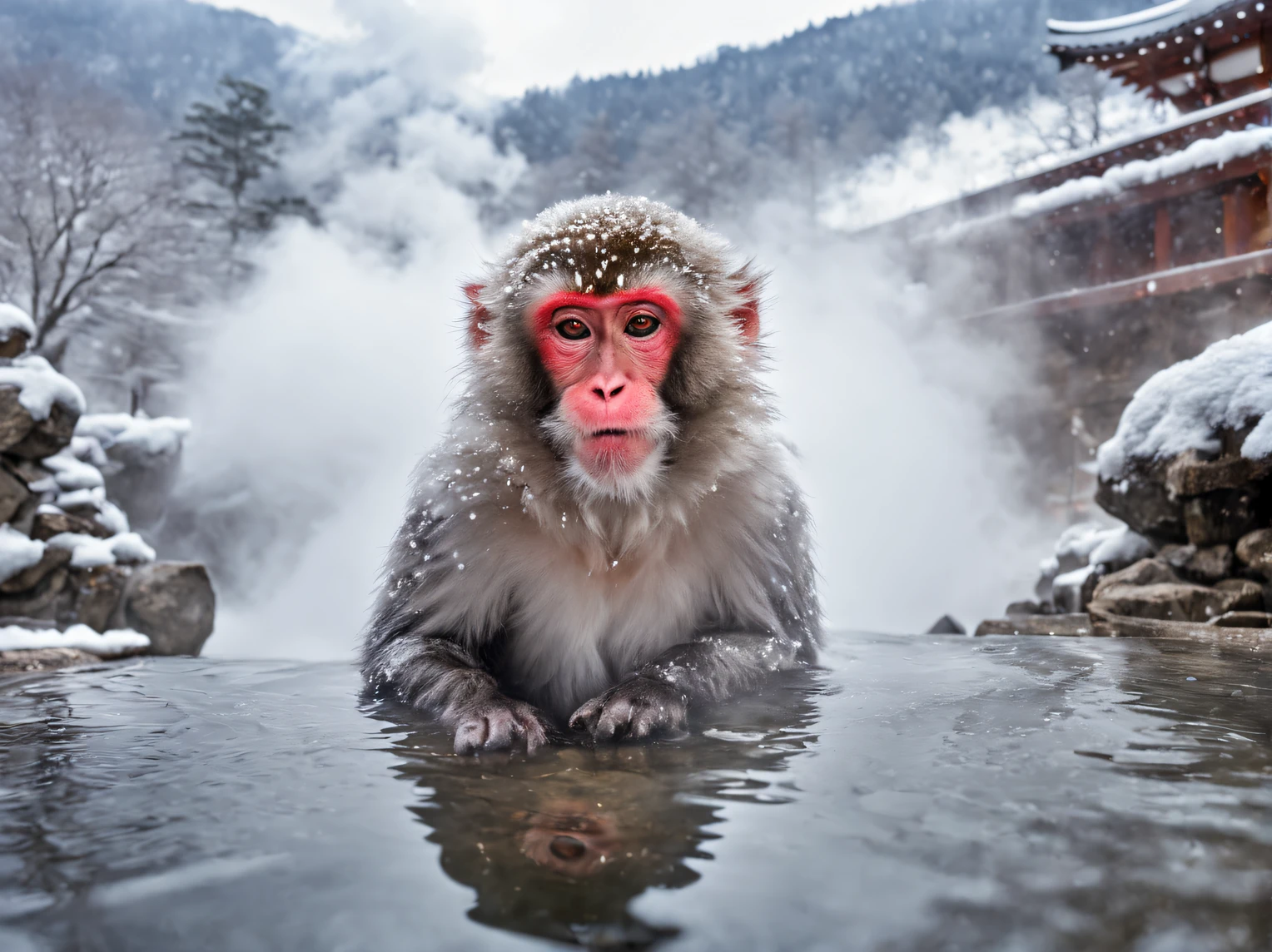 Winter wonderland, Spectacular views, yuki, (Japanese macaques soaking in a hot spring with a man), Jigokudani hot spring, (steam:1.5), Snowy landscape, (best composition), (masutepiece), (Best Quality), (ultra high detailed)