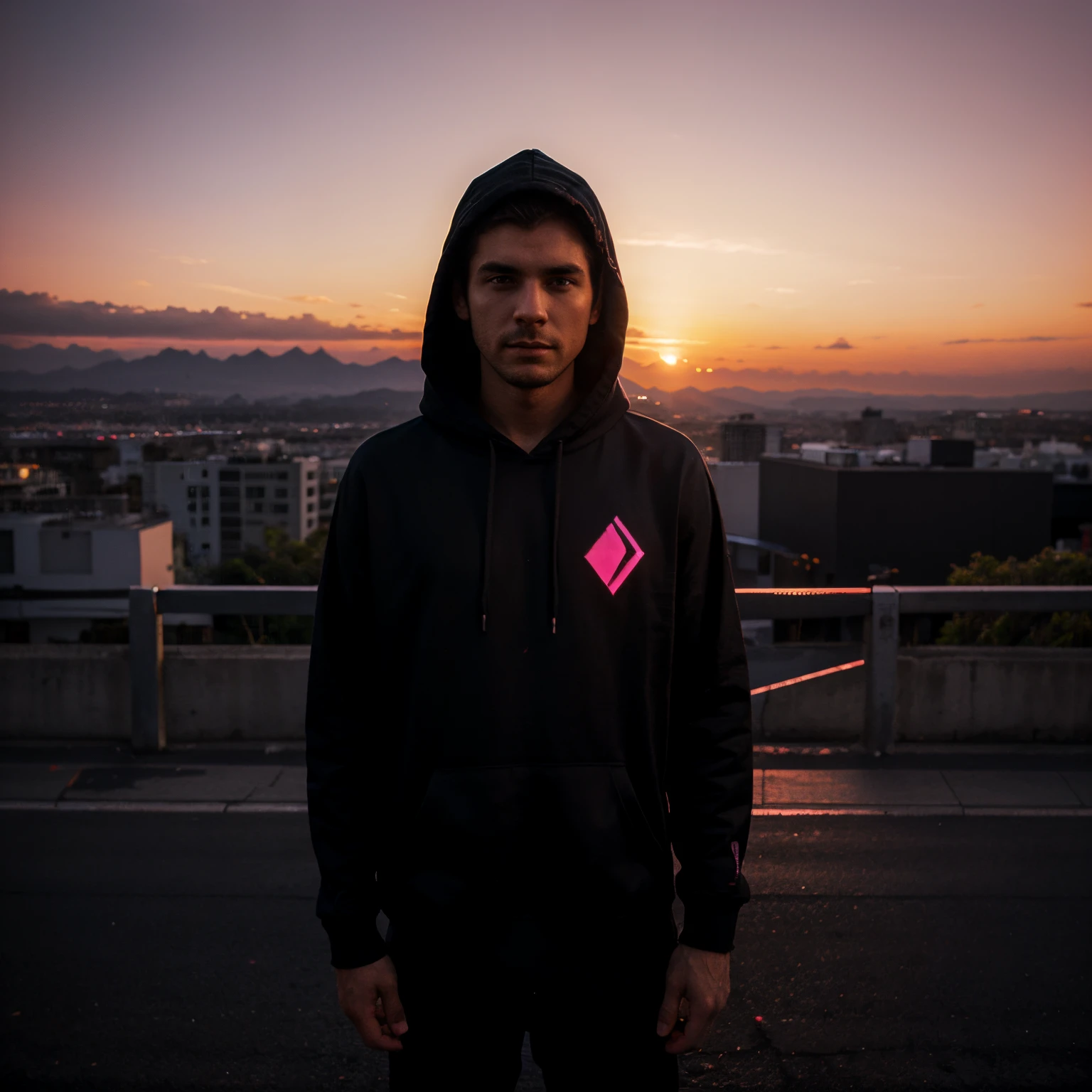 Man standing in front of a synthwave sunset, wearing a black glowing hoodie
