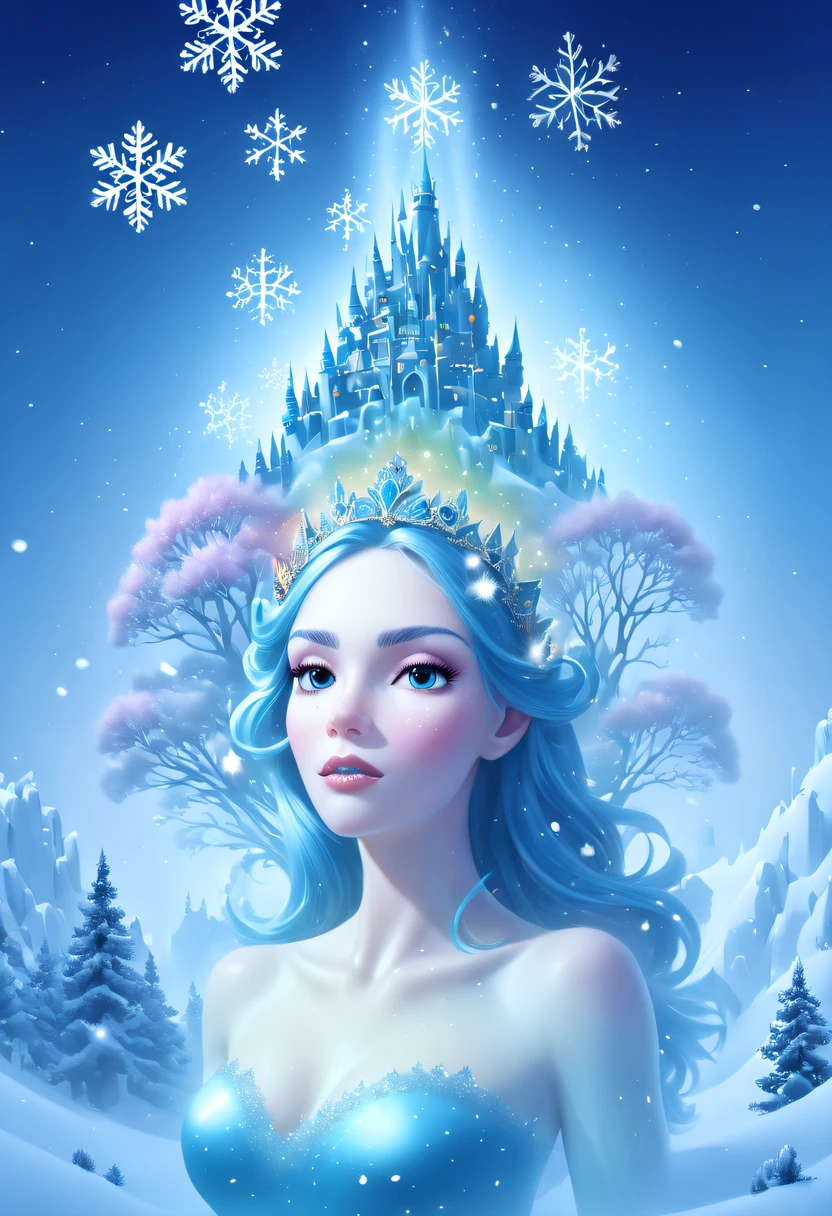 The princess's face appears in the air,(multiple exposure:1.8),winter landscape,Surreal wonderland,Dreamy cloud and fairy island,(Big snowflakes:1.3),Colorful big snowflakes are flying,A princess'The palace is covered with snow,The tree of life blooms with endless vitality,Twinkling stars in the night sky,Overlapping clouds and fog,Whimsical fantasy landscape art, Beautiful Art Ultra HD 8K, 8K highly detailed digital art, beautiful detailed fantasy, epic dreamlike fantasy landscape, Mysterious and dreamy scenery, Magic fantasy is very detailed, magical scenery, Made up of big snowflakes and dreamy floating fairy islands, detailed fantasy digital art, 8K detailed digital art