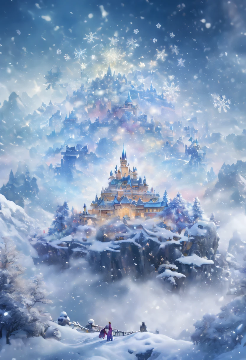 The princess's face appears in the air,(multiple exposure:1.8),winter landscape,Surreal wonderland,Dreamy cloud and fairy island,(Big snowflakes:1.3),Colorful big snowflakes are flying,A princess'The palace is covered with snow,The tree of life blooms with endless vitality,Twinkling stars in the night sky,Overlapping clouds and fog,Whimsical fantasy landscape art, Beautiful Art Ultra HD 8K, 8K highly detailed digital art, beautiful detailed fantasy, epic dreamlike fantasy landscape, Mysterious and dreamy scenery, Magic fantasy is very detailed, magical scenery, Made up of big snowflakes and dreamy floating fairy islands, detailed fantasy digital art, 8K detailed digital art