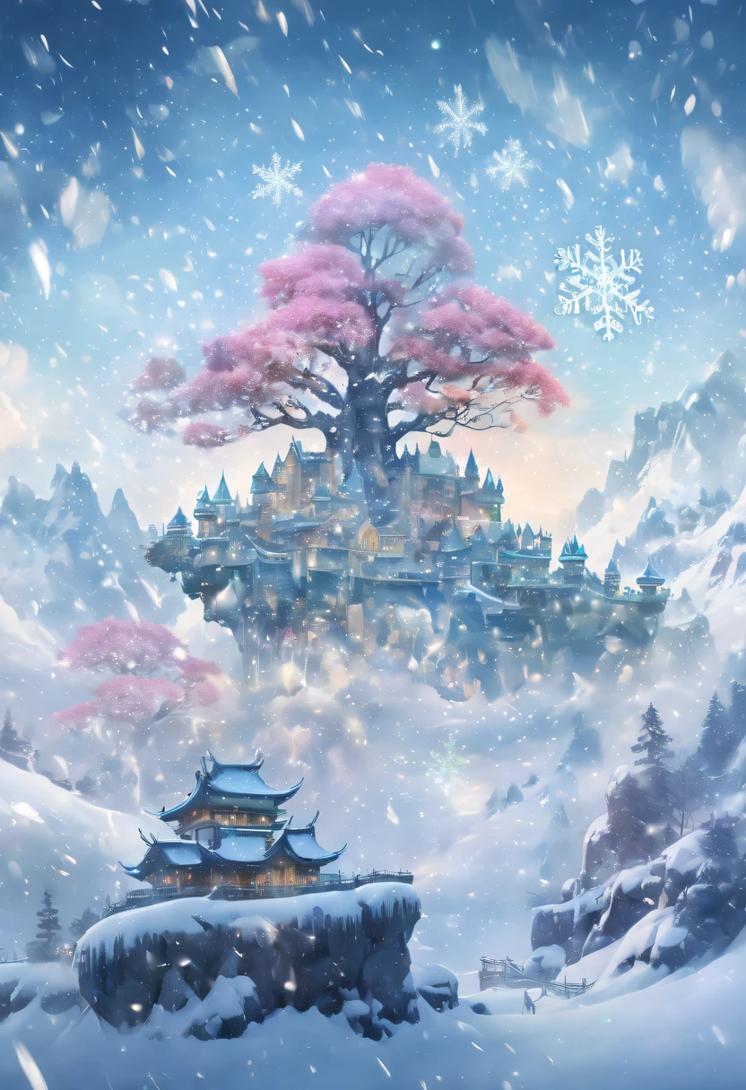 The princess&#39;s face appears in the air，(multiple exposure:1.5),winter landscape，Surreal wonderland，Dreamy cloud and fairy island，Big snowflakes，Colorful big snowflakes are flying，A princess&#39;The palace is covered with snow，The tree of life blooms with endless vitality，Twinkling stars in the night sky，Overlapping clouds and fog，Whimsical fantasy landscape art, Beautiful Art Ultra HD 8K, 8K highly detailed digital art, beautiful detailed fantasy, epic dreamlike fantasy landscape, Mysterious and dreamy scenery, Magic fantasy is very detailed, magical scenery, composed...consist of ,  and Snow Fantasy Floating Fairy Island, detailed fantasy digital art, 8K detailed digital art
