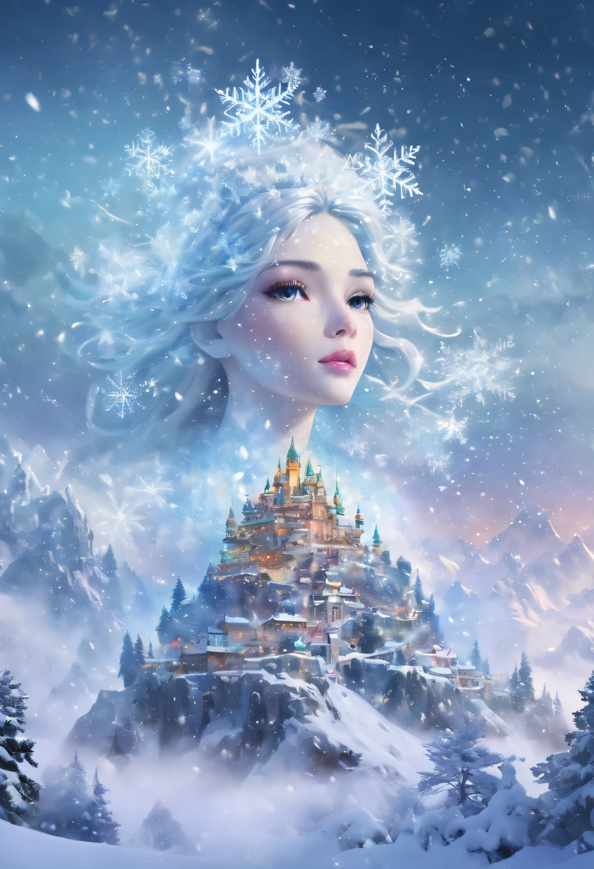 The princess&#39;s face appears in the air，(multiple exposure:1.8),winter landscape，Surreal wonderland，Dreamy cloud and fairy island，(Big snowflakes:1.3)，Colorful big snowflakes are flying，A princess&#39;The palace is covered with snow，The tree of life blooms with endless vitality，Twinkling stars in the night sky，Overlapping clouds and fog，Whimsical fantasy landscape art, Beautiful Art Ultra HD 8K, 8K highly detailed digital art, beautiful detailed fantasy, epic dreamlike fantasy landscape, Mysterious and dreamy scenery, Magic fantasy is very detailed, magical scenery, Made up of big snowflakes and dreamy floating fairy islands, detailed fantasy digital art, 8K detailed digital art