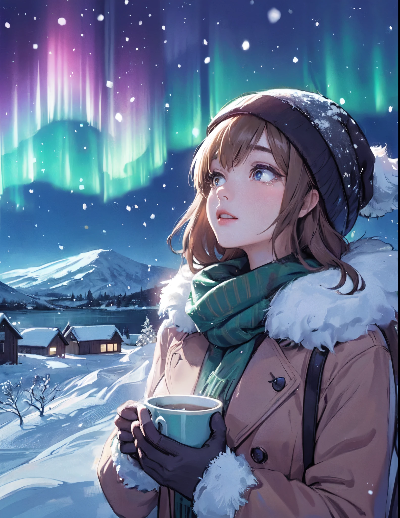 1lady solo, (looking up at the sky), /(stylish outfit/), mature female, /(light brown hair/) banglush tears:1.2), (eyes sparkling with fascination), (masterpiece best quality:1.2) delicate illustration ultra-detailed, large breast BREAK (aurora spreading in various colors:1.2) night sky BREAK (secluded area covered in snow), (holding a mug)
