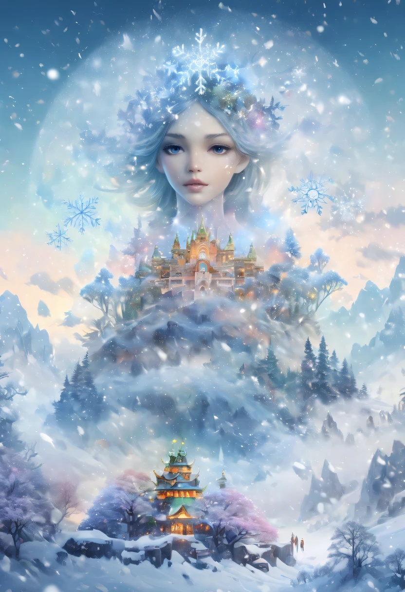 The princess&#39;s face appears in the air，(multiple exposure:1.5),winter landscape，Surreal wonderland，Dreamy cloud and fairy island，Big snowflakes，Colorful big snowflakes are flying，A princess&#39;The palace is covered with snow，The tree of life blooms with endless vitality，Twinkling stars in the night sky，Overlapping clouds and fog，Whimsical fantasy landscape art, Beautiful Art Ultra HD 8K, 8K highly detailed digital art, beautiful detailed fantasy, epic dreamlike fantasy landscape, Mysterious and dreamy scenery, Magic fantasy is very detailed, magical scenery, composed...consist of ,  and Snow Fantasy Floating Fairy Island, detailed fantasy digital art, 8K detailed digital art