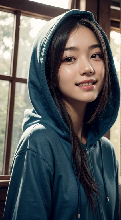 8k, best quality, masterpiece, realistic, ultra detail, photo realistic, hyper realistic, smoother lighting, increase cinematic lighting quality, realistic lighting, backlighting, brightening light, Increase quality, best quality real texture skin,
close-up, slender, cute face, smile, beautiful details eyes, 19years old korean, pretty, Drill hair with electric blue color, hood,