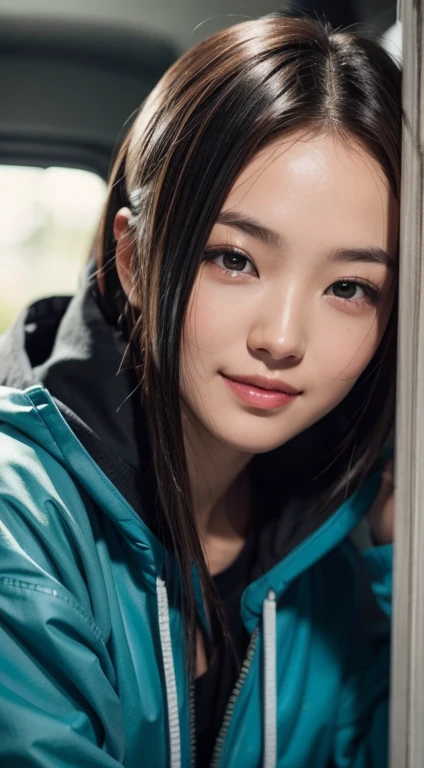 8k, best quality, masterpiece, realistic, ultra detail, photo realistic, hyper realistic, smoother lighting, increase cinematic lighting quality, realistic lighting, backlighting, brightening light, Increase quality, best quality real texture skin,
close-up, slender, cute face, smile, beautiful details eyes, 19years old korean, pretty, Drill hair with electric blue color, hood,