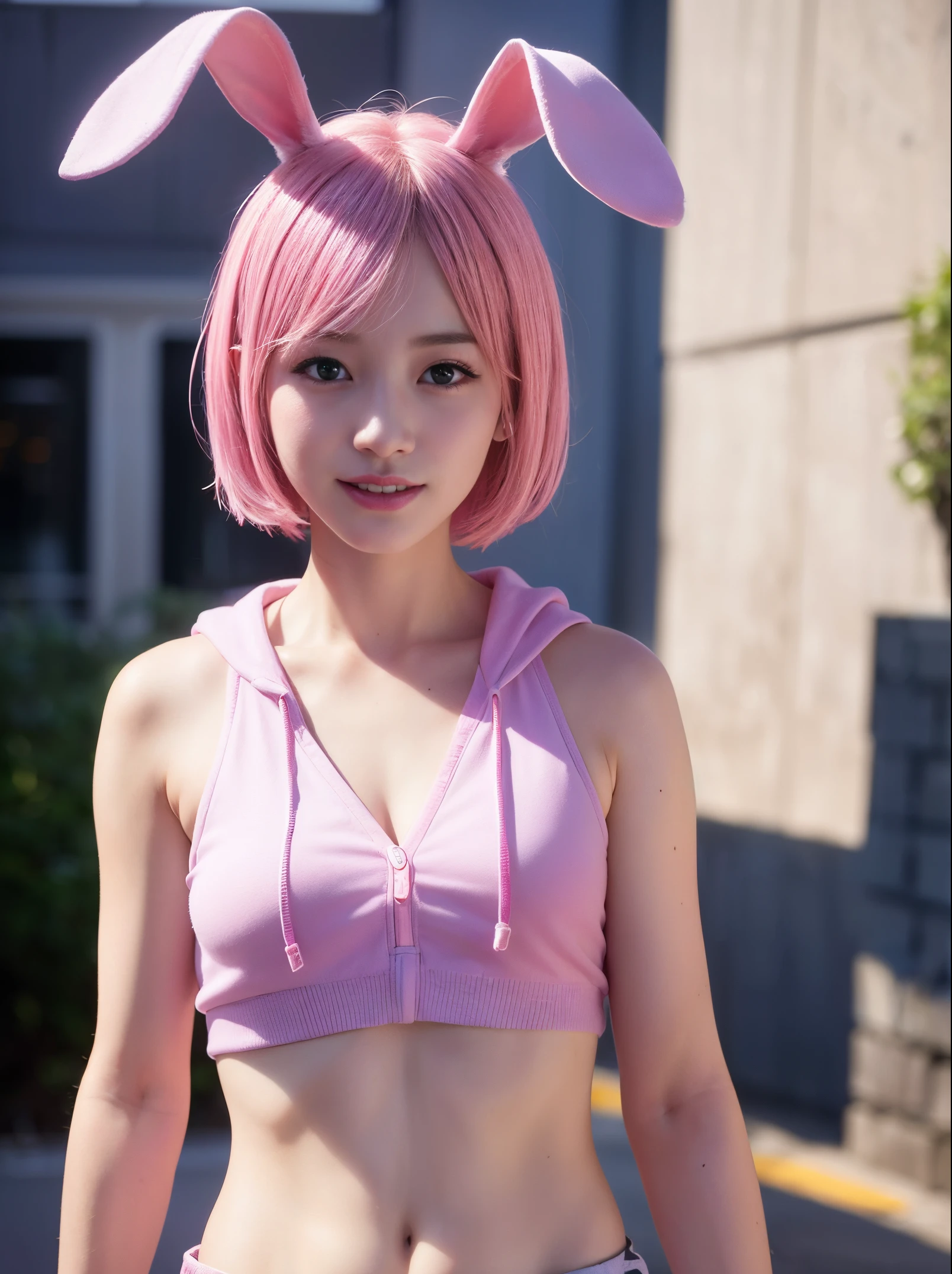 hawaii、Waikiki、the beach、Gravure photography、Realistic rabbit ears、rabbit ears sticking out of the head,,,、Pink hair、Pink rabbit ears、1 girl in、独奏、pink hoodie、​masterpiece、top-quality、realisitic、Hyper-detailing、(Glossy skin、be sweaty:1.4)、absurderes、Looking at the camera、short pink hair、Brown-eyed、Slender beauties、动态照明、hight resolution、foco nítido、depth of fields、Detailed eye、Sharp eyes、Realistic eyes、(thick thight:1.0)、Beautuful Women:1.4、Slender Abs:1.2、((Short-cut bob hair))、((small tits:1.4))、((k pop:1.3))、((The bikini))、Highly detailed facial and skin texture、((the pose))、((魅惑的))、Anatomically correct number of fingers、Correct anatomy、