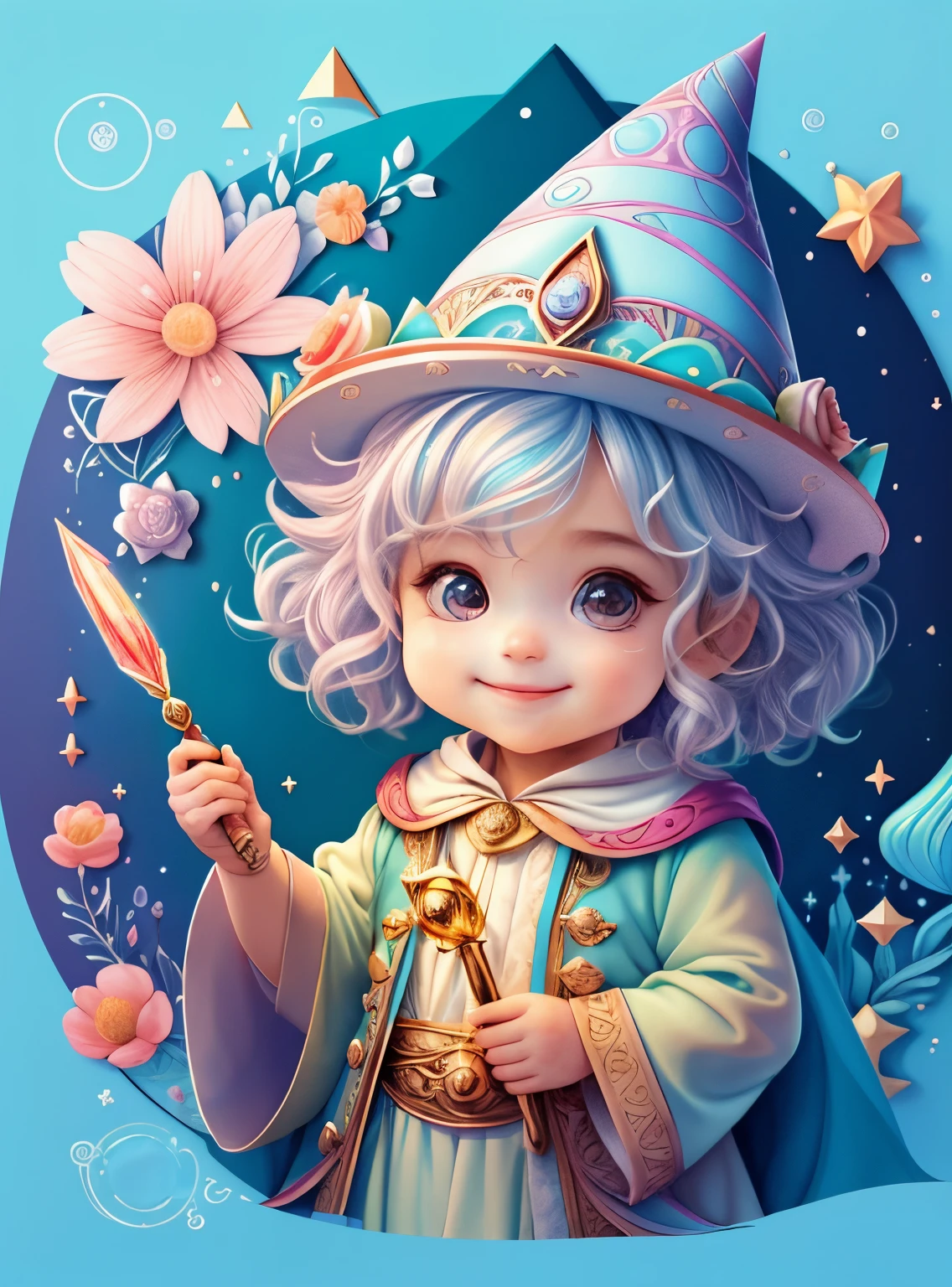 (cute  wizard smiling with a flower magic wand in an enchanted florest) Munchkin,Geometric multidimensional wall portrait, livro de arte, Tchibi,
Yang08k, Beautiful, Colouring,
Obras, of the highest quality, best quality, Arte Oficial, Beautiful and Aesthetic,