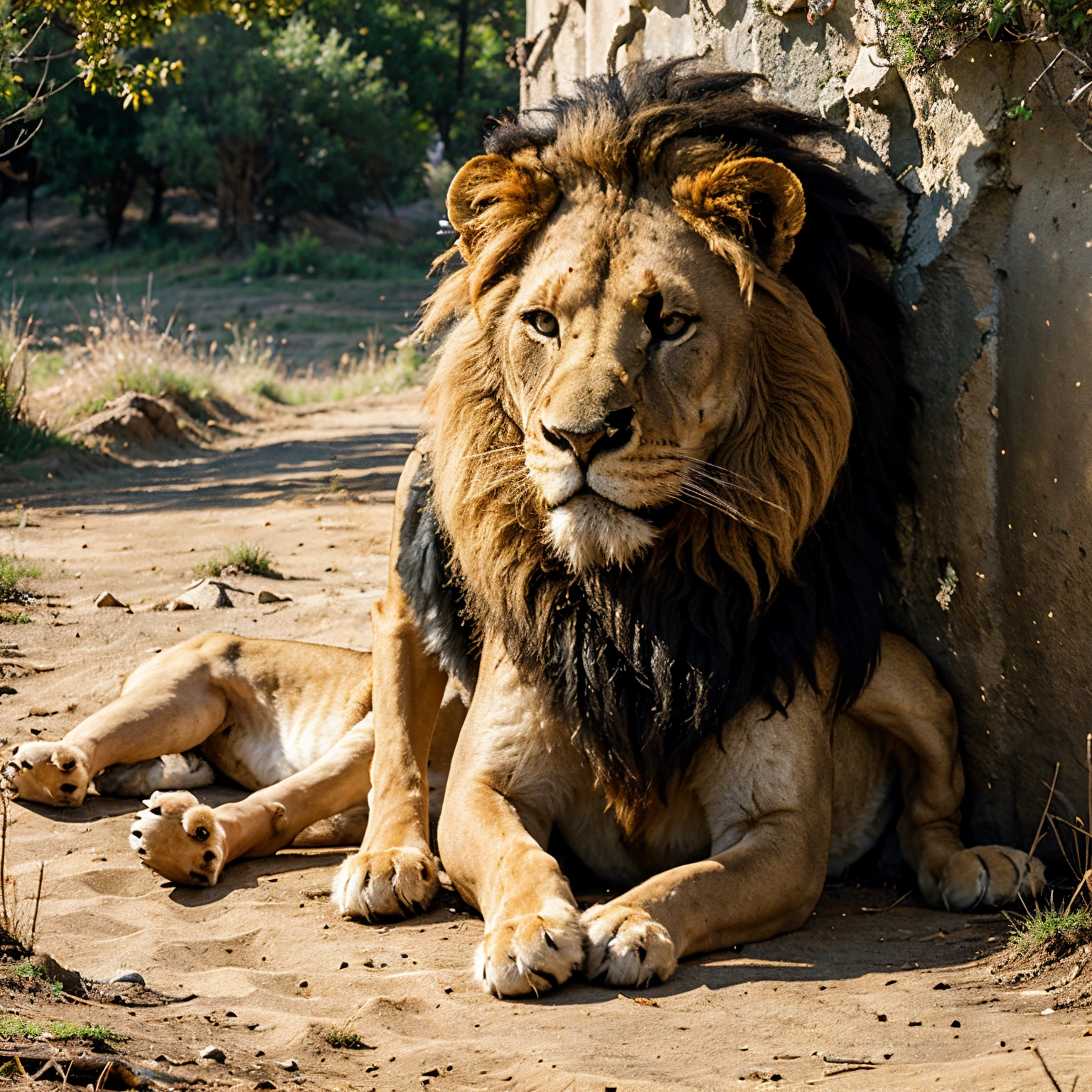 Lion and a boy on hill tract