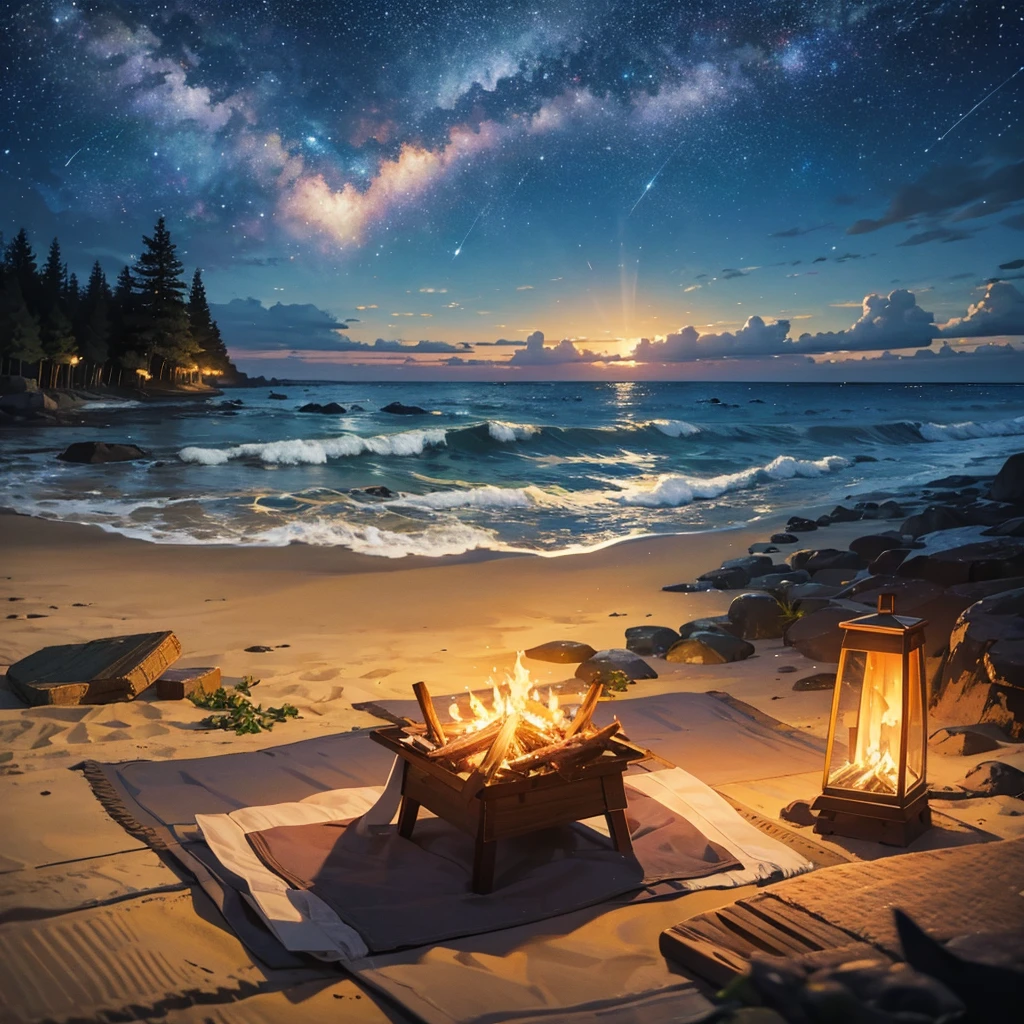 Summer forest，Starry night，Fireflies float on the silent seaside，There are some waves on the sea surface，Birds soar in the sky，quadratic element，Bonfire on the beach，Bottles floating on the beach，Efeito de Luz，Best Picture Quality，tmasterpiece，Light and shadow rendering