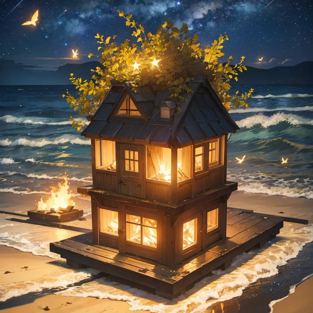 Summer forest,Starry night,Fireflies float on the silent seaside,There are some waves on the sea surface,Birds soar in the sky,quadratic element,Bonfire on the beach,Bottles floating on the beach,Efeito de Luz,Best Picture Quality,tmasterpiece,Light and shadow rendering