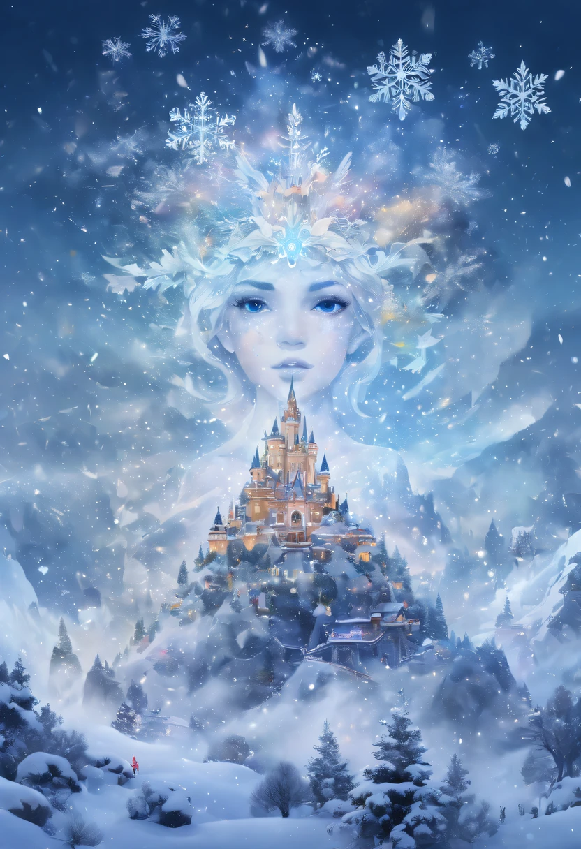 The princess's face appears in the air,(multiple exposure:1.8),winter landscape,Surreal wonderland,Dreamy cloud and fairy island,(Big snowflakes:1.3),Colorful big snowflakes are flying,A princess'The palace is covered with snow,The tree of life blooms with endless vitality,Twinkling stars in the night sky,Overlapping clouds and fog,Whimsical fantasy landscape art, Beautiful Art Ultra HD 8K, 8K highly detailed digital art, beautiful detailed fantasy, epic dreamlike fantasy landscape, Mysterious and dreamy scenery, Magic fantasy is very detailed, magical scenery, Made up of big snowflakes and dreamy floating fairy islands, detailed fantasy digital art, 8K detailed digital art