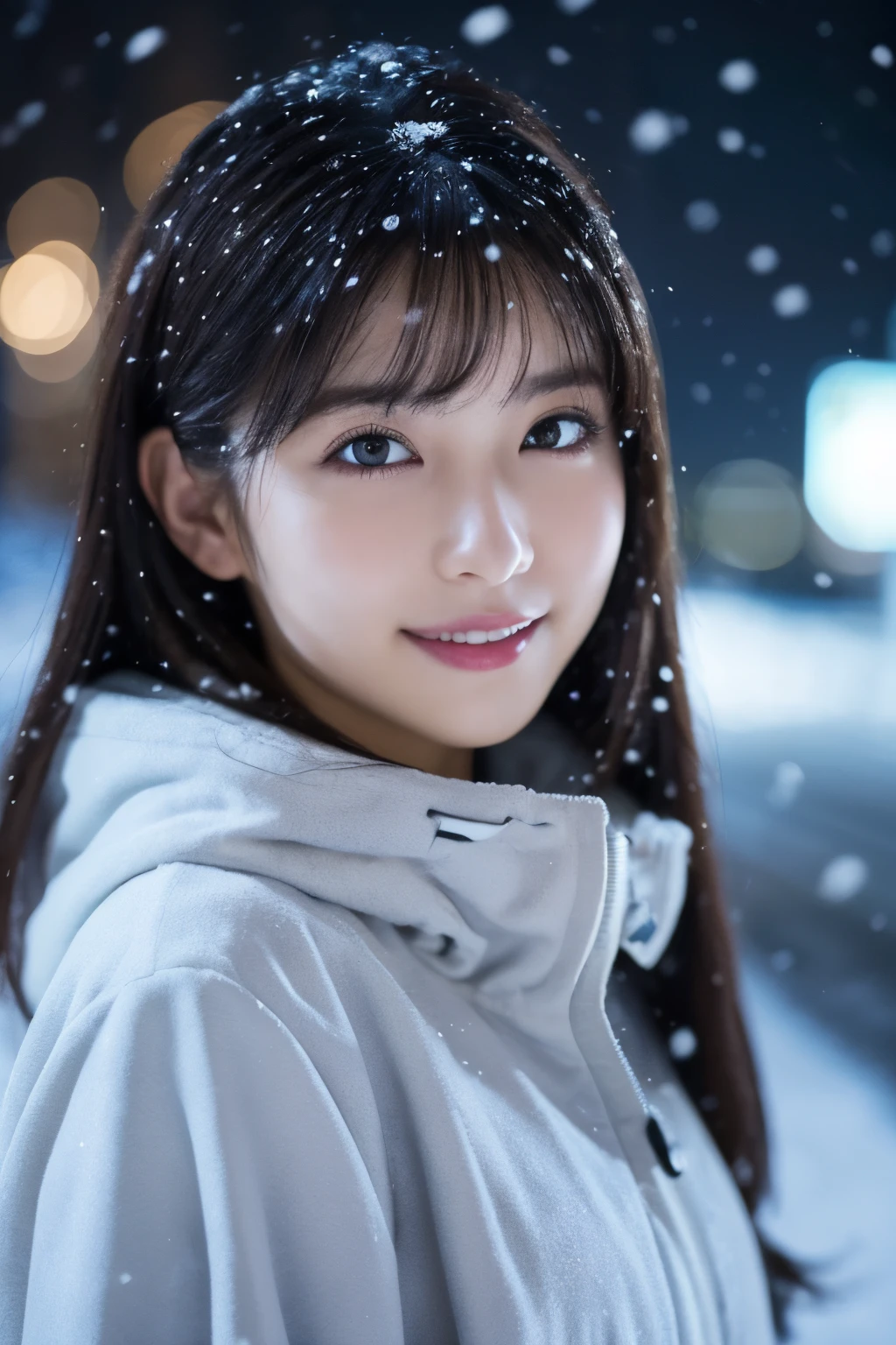 1girl in, (wear a platinum coat:1.2), (Raw photo, Best Quality), (Realistic, Photorealsitic:1.4), masutepiece, Extremely delicate and beautiful, Extremely detailed, 2k wallpaper, amazing, finely detail, the Extremely Detailed CG Unity 8K Wallpapers, Ultra-detailed, hight resolution, Soft light, Beautiful detailed girl, extremely detailed eye and face, beautiful detailed nose, Beautiful detailed eyes, Cinematic lighting, Illuminations coloring the city on a snowy night, Snowy landscape, It's snowing, There's snow in my hair, Perfect Anatomy, Slender body, Taut,
Straight semi-long hair, Bangs, Looking at Viewer, A slight smil