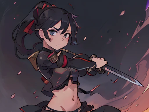 (best quality,4k,8k,highres,masterpiece:1.2),ultra-detailed,realistic, girl,long black hair,long hair swirling around,beautiful detailed eyes,beautiful detailed lips,aggressive expression,fierce look,sensual,fit body,samurai,training,movement of the sword,swordplay,midriff showing,rippling muscles,graceful and powerful poses,concentration,intense focus,dark and moody lighting,Japanese garden, cherry blossom trees, falling sakura petals,traditional samurai armor, samurai katana,lustrous sheen on the armor,precise sword techniques,precision sword movements,flying sword slashes,swirling aura,aura of power,flashing sword,blurred motion,high-speed action,The Call of the Samurai,powerful strokes,swift and fluid movements,combat training,sharp focus,vibrant colors,dramatic composition,colorful sunset,contrast of light and shadow,artistic brushstrokes,paintingsque,prominent brushwork,juxtaposition of strength and beauty,posing with confidence and determination,expressive body language,impressive skill,captivating scene