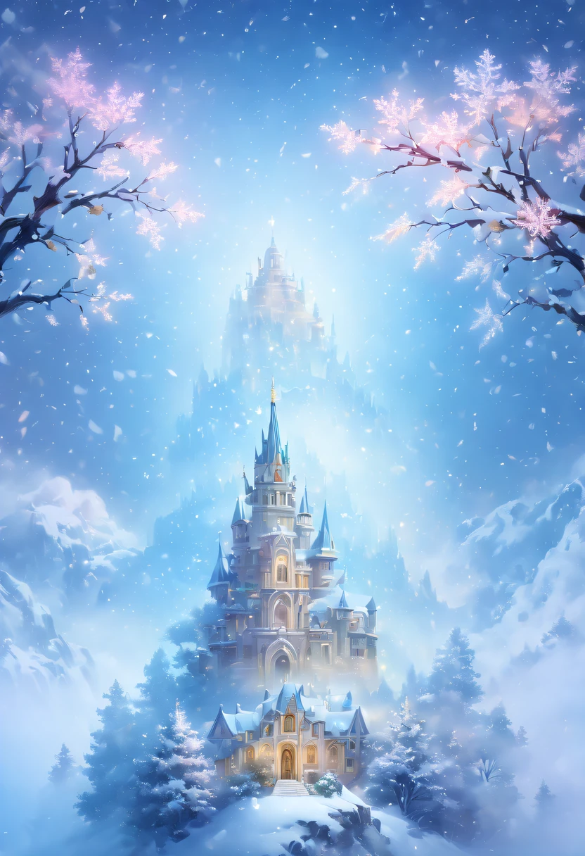 The princess's face appears in the air,(multiple exposure:1.8),winter landscape,Surreal wonderland,Dreamy cloud and fairy island,(Big snowflakes:1.3),Colorful big snowflakes are flying,A princess'The palace is covered with snow,The tree of life blooms with endless vitality,Twinkling stars in the night sky,Overlapping clouds and fog,Whimsical fantasy landscape art, Beautiful Art Ultra HD 8K, 8K highly detailed digital art, beautiful detailed fantasy, epic dreamlike fantasy landscape, Mysterious and dreamy scenery, Magic fantasy is very detailed, magical scenery, Made up of big snowflakes and dreamy floating fairy islands, detailed fantasy digital art, 8K detailed digital art