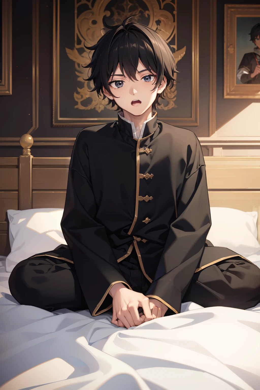 (high quality, ultra detailed), anime character,  man, medieval noble sleepwear, messy black hair, black eyes, surprised expression, sitting on a medieval noble bed