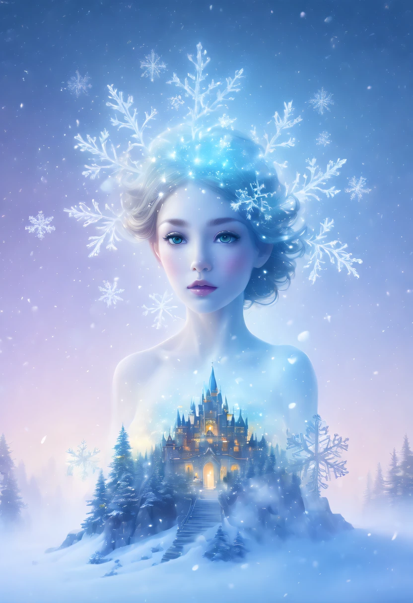 The princess&#39;s face appears in the air，(multiple exposure:1.8),winter landscape，Surreal wonderland，Dreamy cloud and fairy island，(Big snowflakes:1.3)，Colorful big snowflakes are flying，A princess&#39;The palace is covered with snow，The tree of life blooms with endless vitality，Twinkling stars in the night sky，Overlapping clouds and fog，Whimsical fantasy landscape art, Beautiful Art Ultra HD 8K, 8K highly detailed digital art, beautiful detailed fantasy, epic dreamlike fantasy landscape, Mysterious and dreamy scenery, Magic fantasy is very detailed, magical scenery, Made up of big snowflakes and dreamy floating fairy islands, detailed fantasy digital art, 8K detailed digital art