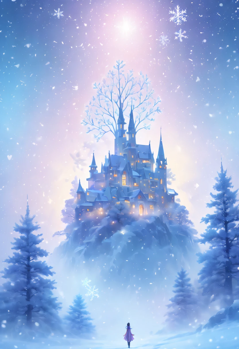 The princess's face appears in the air,(multiple exposure:1.8),winter landscape,Surreal wonderland,Dreamy cloud and fairy island,(Big snowflakes:1.3),Colorful big snowflakes are flying,A princess'The palace is covered with snow,The tree of life blooms with endless vitality,Twinkling stars in the night sky,Overlapping clouds and fog,Whimsical fantasy landscape art, Beautiful Art Ultra HD 8K, 8K highly detailed digital art, beautiful detailed fantasy, epic dreamlike fantasy landscape, Mysterious and dreamy scenery, Magic fantasy is very detailed, magical scenery, Made up of big snowflakes and dreamy floating fairy islands, detailed fantasy digital art, 8K detailed digital art