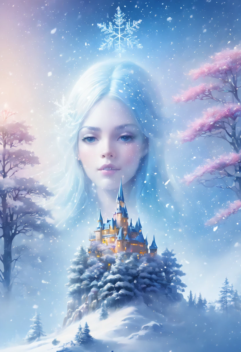 The princess's face appears in the air，(multiple exposure:1.8),winter landscape，Surreal wonderland，Dreamy cloud and fairy island，(Big snowflakes:1.3)，Colorful big snowflakes are flying，A princess'The palace is covered with snow，The tree of life blooms with endless vitality，Twinkling stars in the night sky，Overlapping clouds and fog，Whimsical fantasy landscape art, Beautiful Art Ultra HD 8K, 8K highly detailed digital art, beautiful detailed fantasy, epic dreamlike fantasy landscape, Mysterious and dreamy scenery, Magic fantasy is very detailed, magical scenery, Made up of big snowflakes and dreamy floating fairy islands, detailed fantasy digital art, 8K detailed digital art