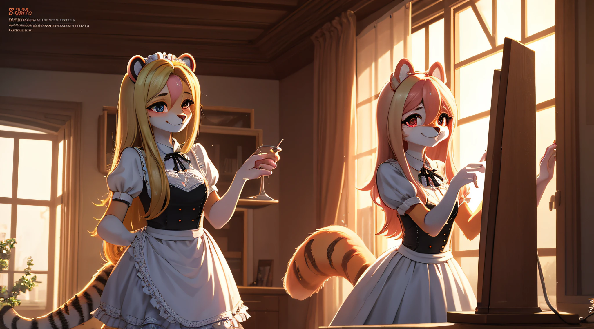 18-year-old beautiful tiger anthropomorphic girl, largeeyes, , Petite and slim, 8K, quality, (Very detailed title: 1.0), (The face is very delicate: 1.0), (hair very fine: 1.0), the maid outfit, Very detailed official artwork, Anime cute art style, clean and meticulous anime art, ssmile, combed blonde hair, Smooth hair and delicate facial features, furry tail, And furry ears. Good ambient light., Ultra-fine fur、Volumetric light is very detailed,Finest quality furry art