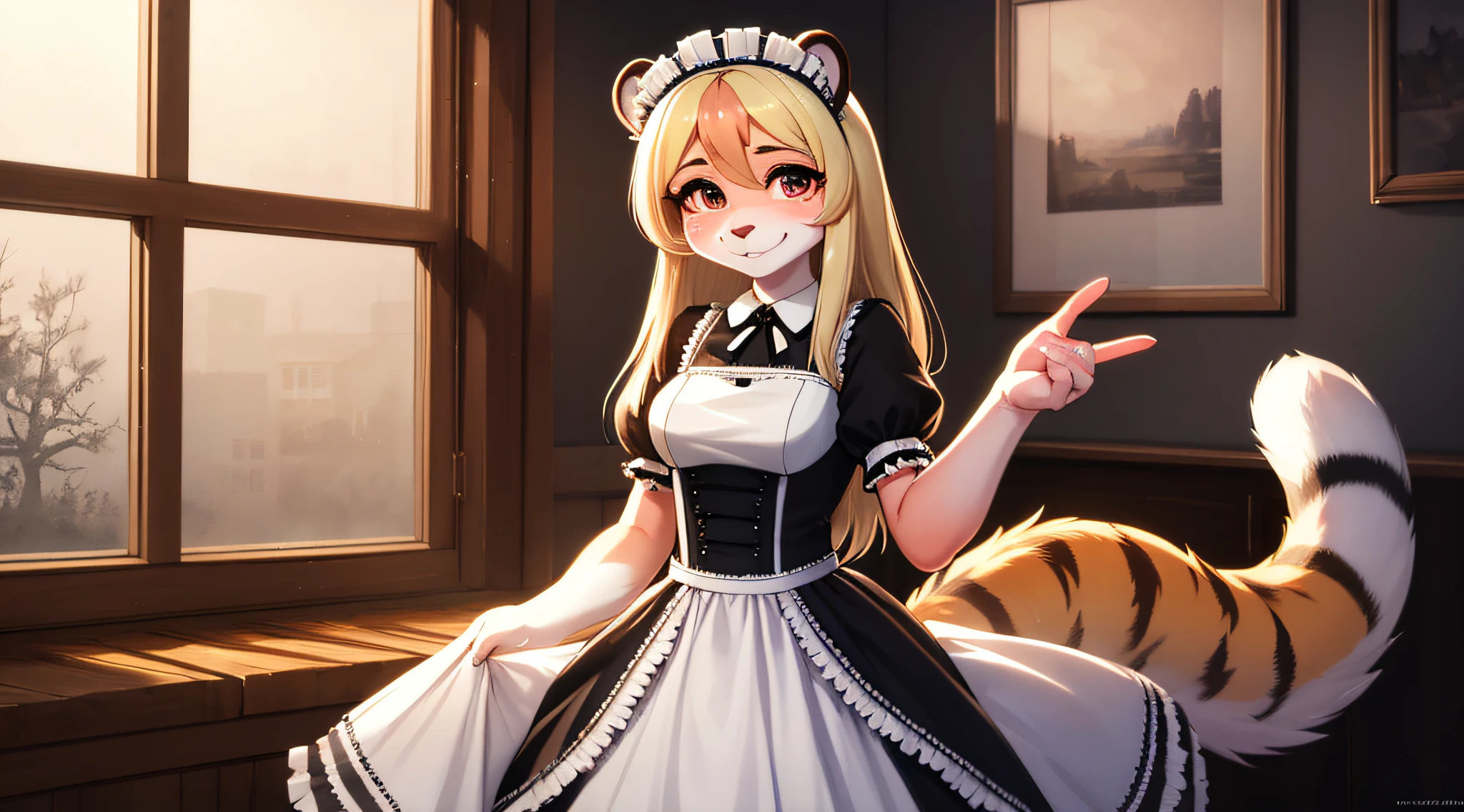 18-year-old beautiful tiger anthropomorphic girl, largeeyes, , Petite and slim, 8K, quality, (Very detailed title: 1.0), (The face is very delicate: 1.0), (hair very fine: 1.0), the maid outfit, Very detailed official artwork, Anime cute art style, clean and meticulous anime art, ssmile, combed blonde hair, Smooth hair and delicate facial features, furry tail, And furry ears. Good ambient light., Ultra-fine fur、Volumetric light is very detailed,Finest quality furry art