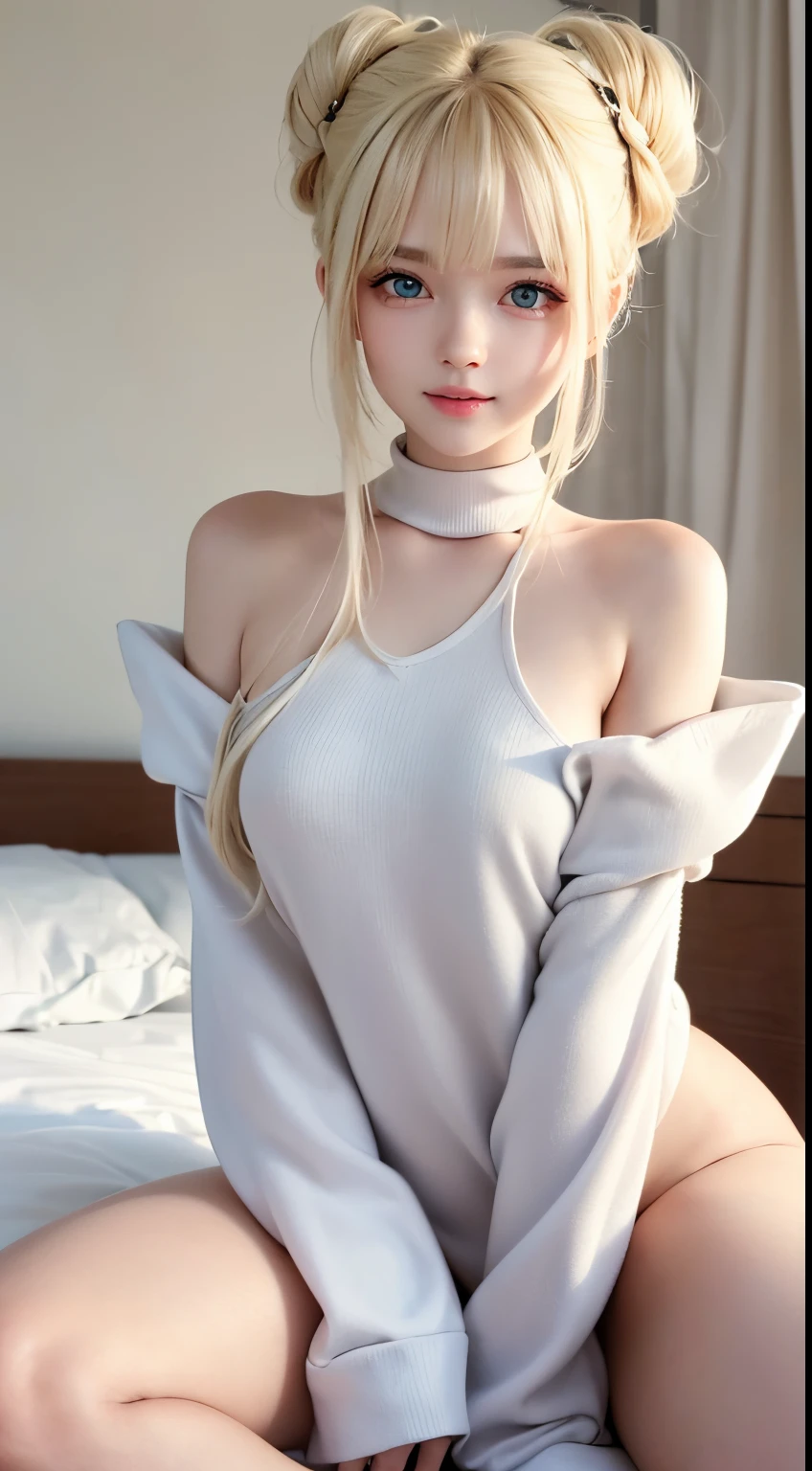 (Child face, virgin face, Masterpiece, High resolution, 8k, 1 girl, ultra Detailed, Fine skin, white skin, Brighten the subject, cinematic lights, beautiful face, Detailed eyes, lip gloss), (((Detailed anatomy))), blonde hair, double buns hair, Silky straight hair, blunt bangs, Blue eyes, (slender body), (((Flat chested))), photography, (focus upper body), Sweet smile, looking at viewer, Wearing a white knit long sleeve, Wearing a white knit long sleeve, Blonde hair, double buns, Silky straight hair, blunt bangs, blunt bangs, seduction, sitting on bed, Spread up her legs wide, Spread up her legs wide, Spread up her legs wide,