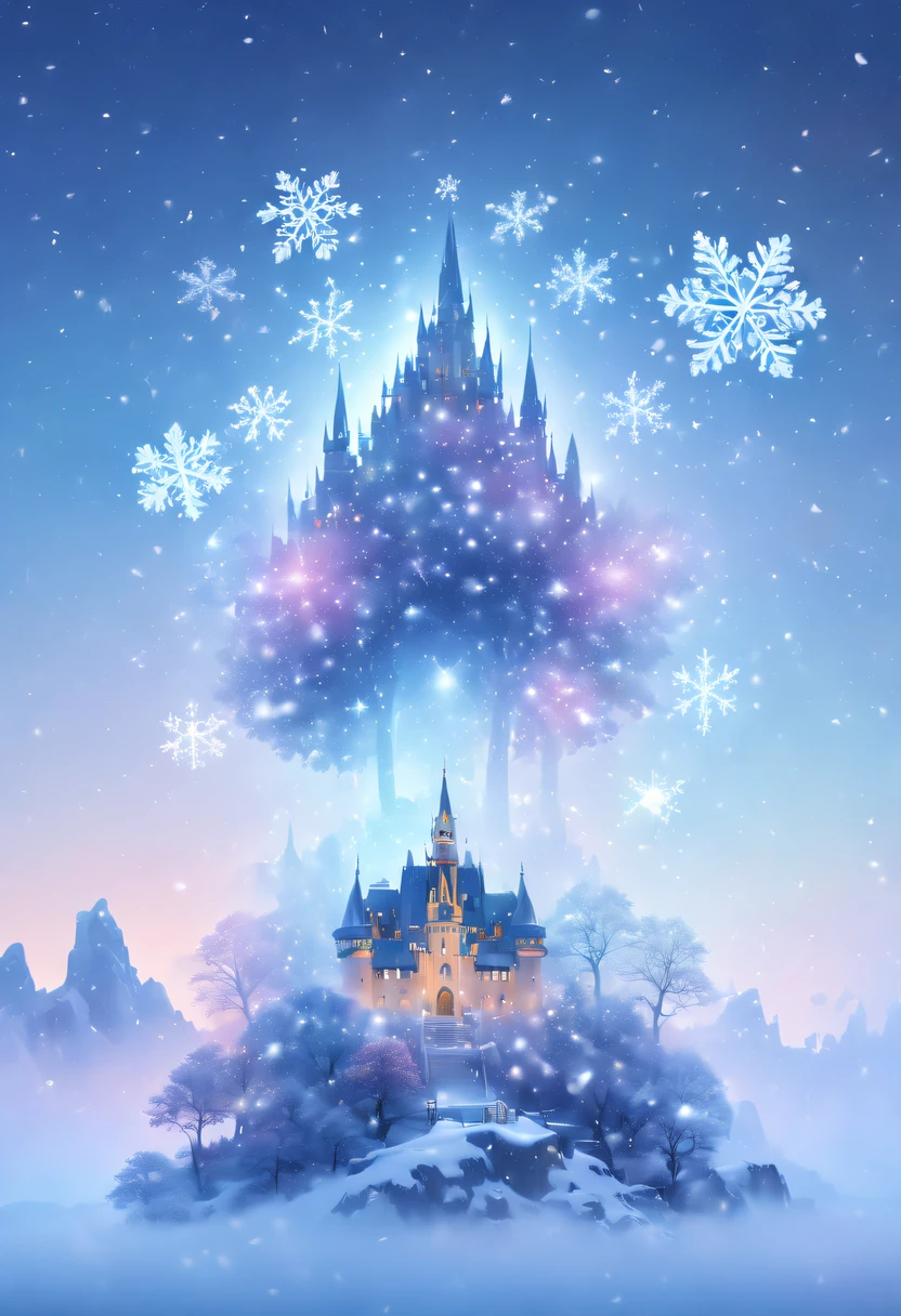 The princess's face appears in the air,(multiple exposure:1.8),winter landscape,Surreal wonderland,Dreamy cloud and fairy island,(Big snowflakes:1.3),Colorful big snowflakes are flying,A princess'The palace is covered with snow,The tree of life blooms with endless vitality,Twinkling stars in the night sky,Overlapping clouds and fog,Whimsical fantasy landscape art, Beautiful Art Ultra HD 8K, 8K highly detailed digital art, beautiful detailed fantasy, epic dreamlike fantasy landscape, Mysterious and dreamy scenery, Magic fantasy is very detailed, magical scenery, Made up of big snowflakes and dreamy floating fairy islands, detailed fantasy digital art, 8K detailed digital art