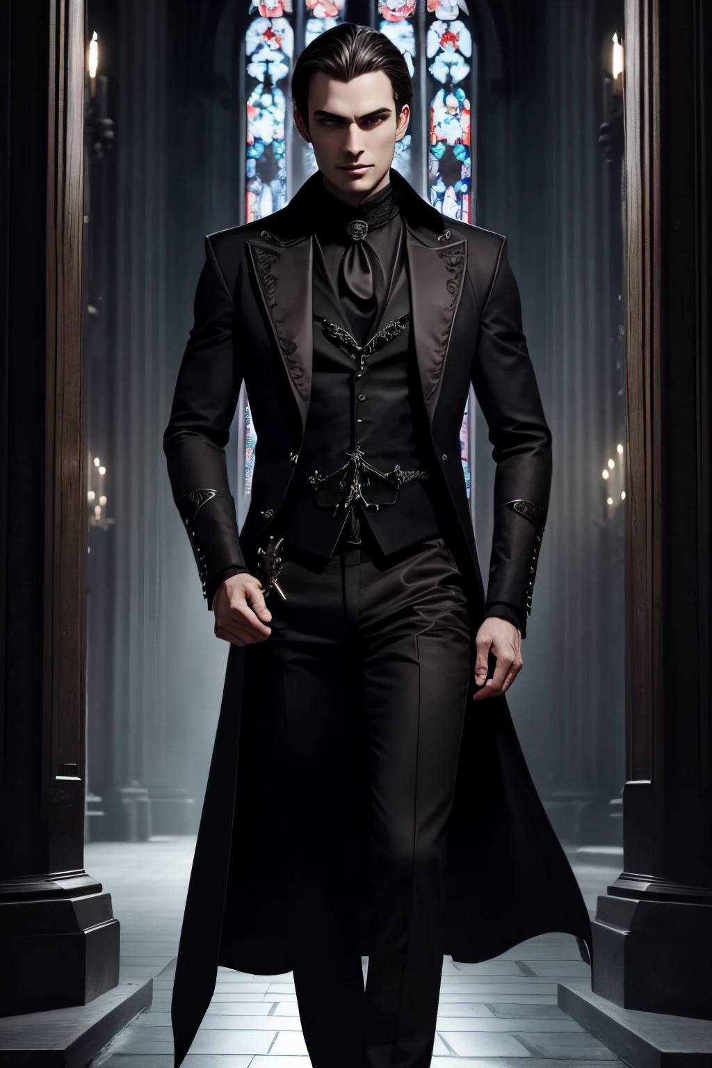 A evil sadistic vampire who is very handsome. Intriguing. Brown hair. Gothic cathedral.