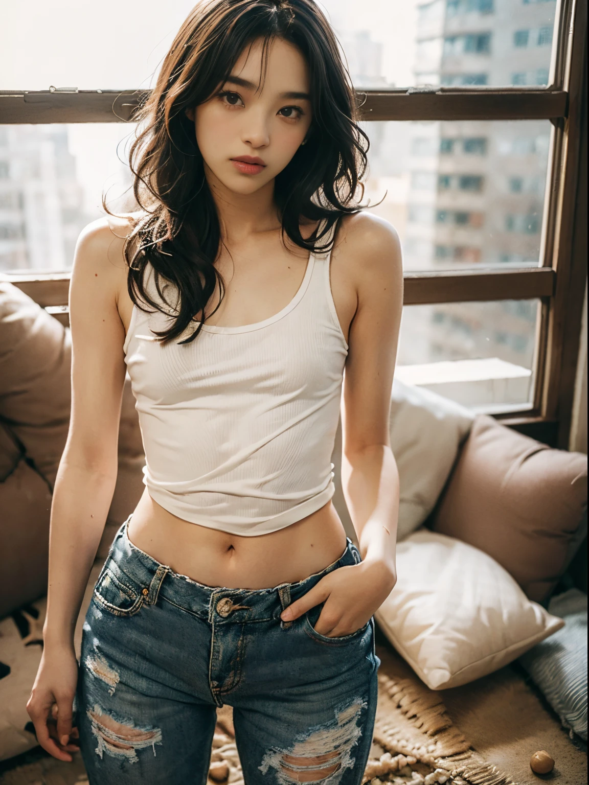 raw photo, 8k, (top-quality), Realistic, (real picture, Intricate details), (natural skin texture, detailed skin, hyper realism, sharpness), (Japanese college girl standing in an abandoned apartment building, hands behind head, armpits exposed, showing armpits), ((white tight tank top, Distressed denim pants, low rise baggy  pants)), (((Small chest:1.4))), Fair skin, sweaty skin, ((Wavy long hair, One-length hairstyles)), (kanakomomota, neat face, Parted lips), Room being demolished, dusty room, cracked wall, Messy floor, Pile of rubble:1.3, broken window, cracked Window glass, Hard lighting:1.3, sunset light, Full body shot