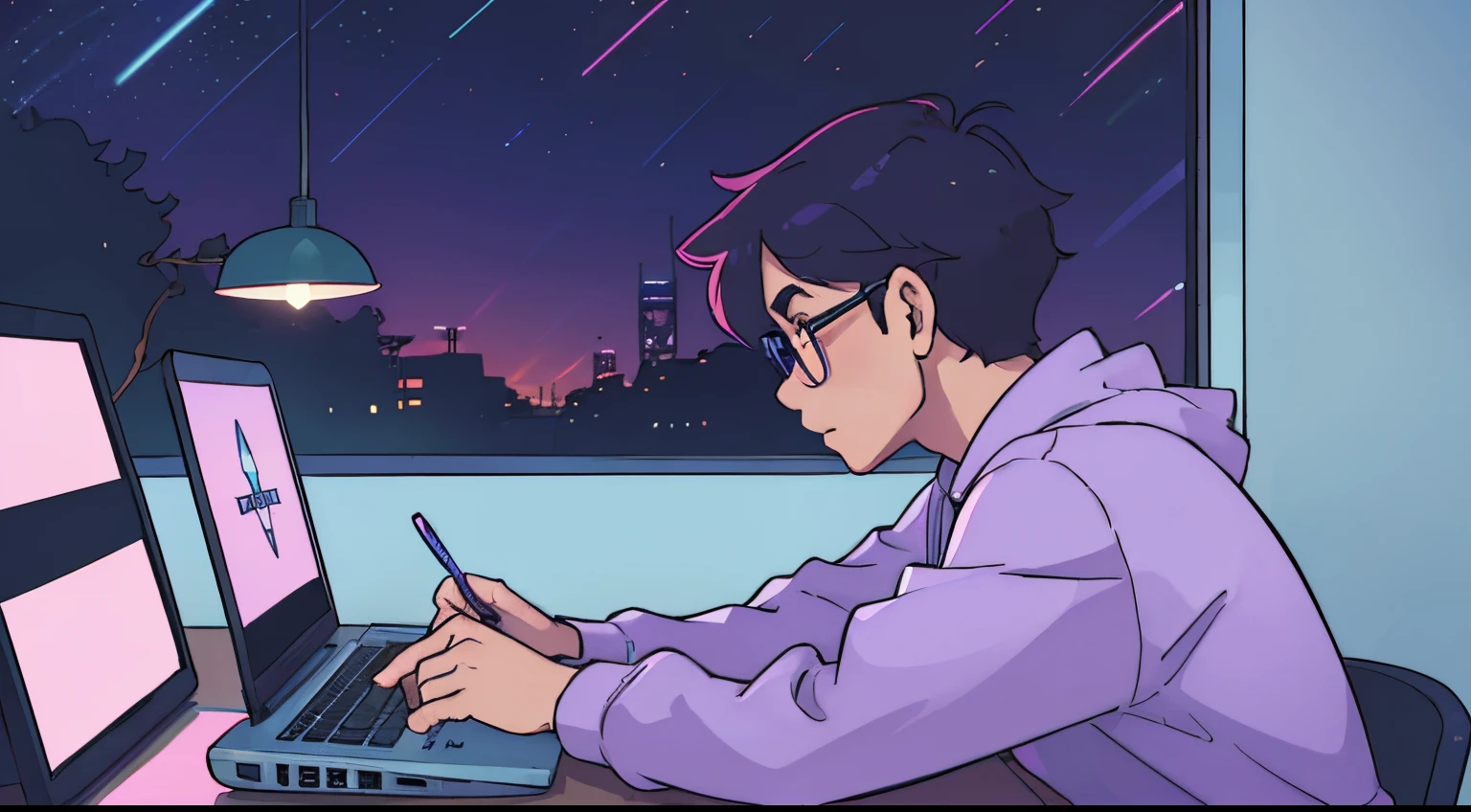 a boy wearing glases, studying at his laptop, profile view, near the window, at night , blue and purple and bright pinks, synthwave colors, retro, old cartoons anime colors.