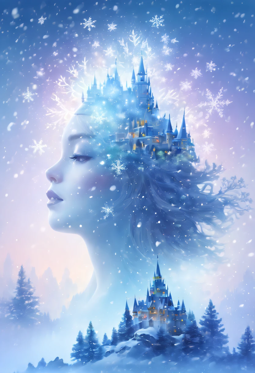 The princess&#39;s face appears in the air，(multiple exposure:1.8),winter landscape，Surreal wonderland，Dreamy cloud and fairy island，(Big snowflakes:1.3)，Colorful big snowflakes are flying，A princess&#39;The palace is covered with snow，The tree of life blooms with endless vitality，Twinkling stars in the night sky，Overlapping clouds and fog，Whimsical fantasy landscape art, Beautiful Art Ultra HD 8K, 8K highly detailed digital art, beautiful detailed fantasy, epic dreamlike fantasy landscape, Mysterious and dreamy scenery, Magic fantasy is very detailed, magical scenery, Made up of big snowflakes and dreamy floating fairy islands, detailed fantasy digital art, 8K detailed digital art