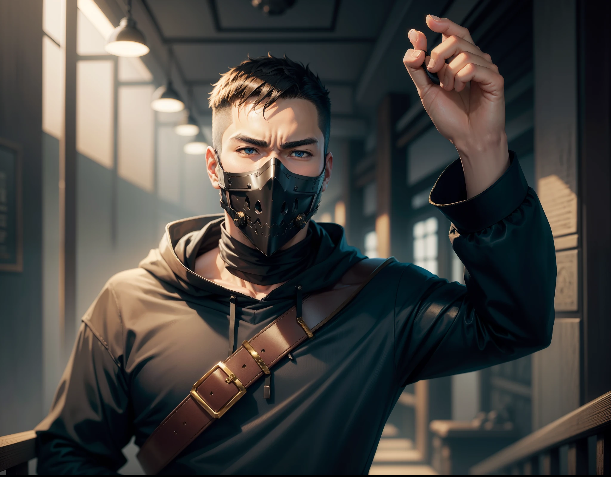Hayao Miyazaki anime , a portrait of a man in a black hood japan style, with golden skull facemask and gloves,Male portrait, black hood, golden skull facemask, young male , blue eyes , very short brown hair ,choker