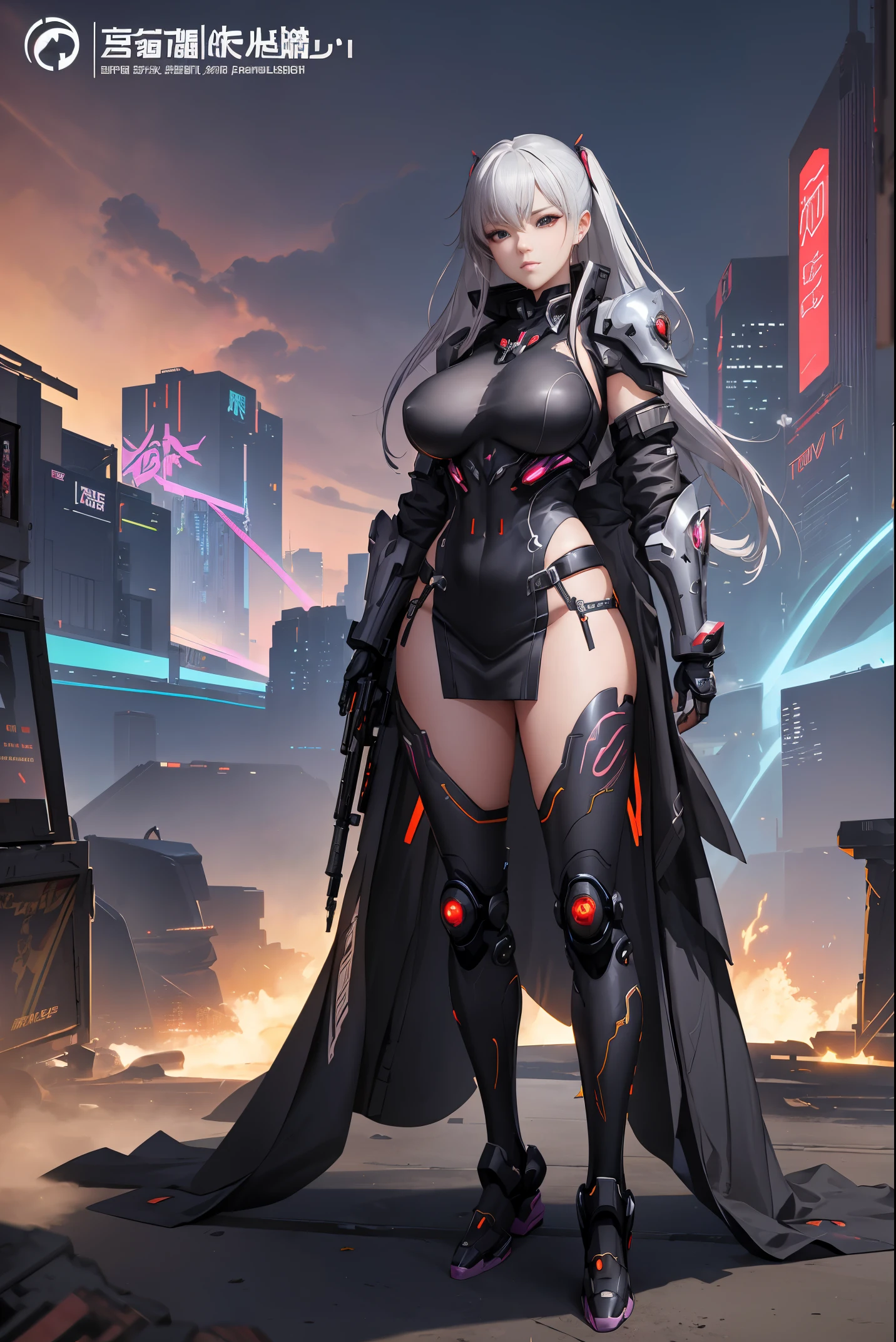 Epic scenes,Colorful colors,unreal-engine,8K分辨率,tmasterpiece,Rainbow skins,Specular reflection,Ray tracing effect,blacksilk,Imperial Daughter,A MILF,tightsuit,huge tit,short  skirt,stocklings,Complicated details,fantasy concept art,White-gray hair,goth style，Cyberpunk mech，Trends on CGiStations，guweiz，Russell Dongjun Lu，digital cyberpunk anime art，ross tran 8 k，Guweiz on ArtStation Pixiv，Mecha network armor girl