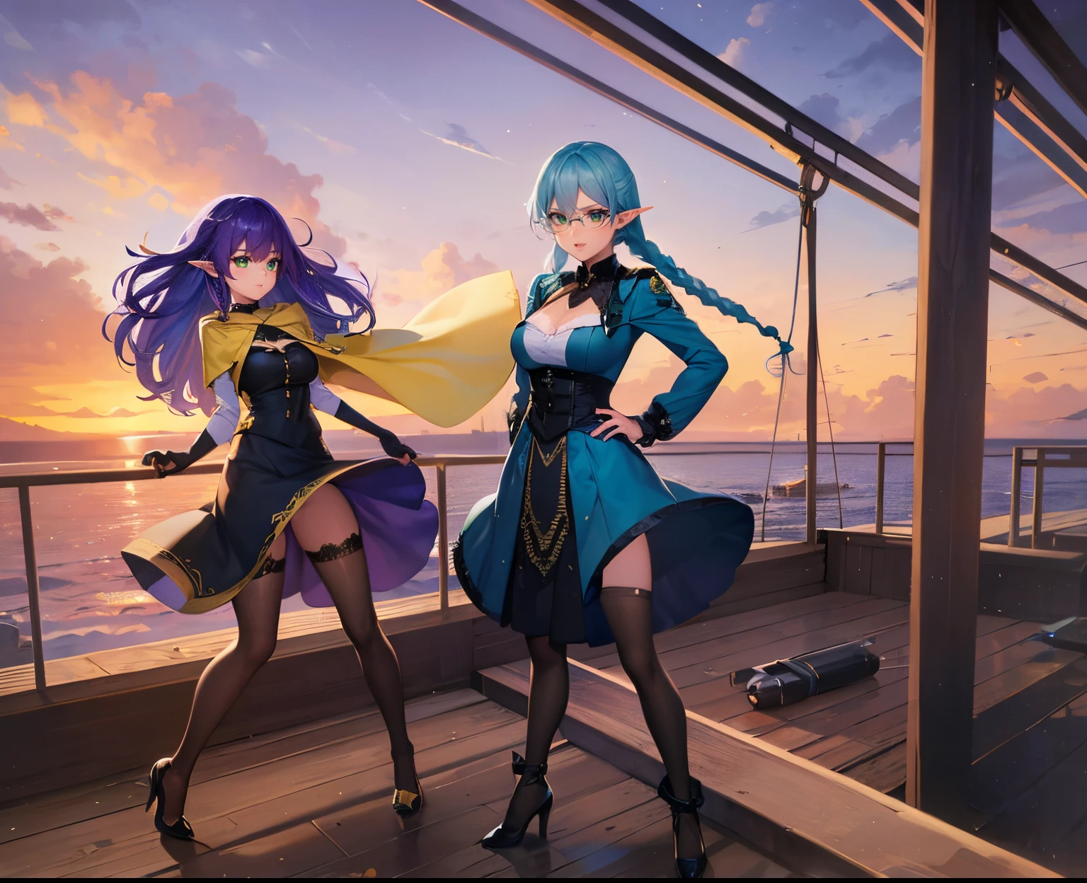 BREAK: Char1 ,masterpiece, high quality, blue sky, airship, on wooden deck of ship, in the sky, wind effects, 1_woman, (full body), tall, ((petite figure)), (exotic skin_complexion:1.4), medium_bust, beautiful, exotic, with long elf ears, ((excited expression)), shocked, knees bucketed, knees together, holding onto wooden pole, wearing long (yellow hooded cloak), yellow robes, black choker, black dress, (black thigh highs with purple embroidery), purple heels, long fingerless leather gloves, medium_bust, bright purple hair, long hair, wavy hair, realistic and detailed face having diamond shaped eyes, (((green eyes))), dark_eyeliner, long_eyelashes), perfect hands, clothes blowing in wind

BREAK: Char2,  Masterpiece, best quality, wind effects,  1_woman, looking at Char1 with stoic expression, long teal hair, twin braids blowing in the wind, diamond shaped eyes, glasses, large_bust, chest window, cleavage, dark blue victorian dress, halter top, double button breast, dark blue lolita skirt blowing in the wind, silver trim, black tights, black heels, petite, small waist, perfect hands,