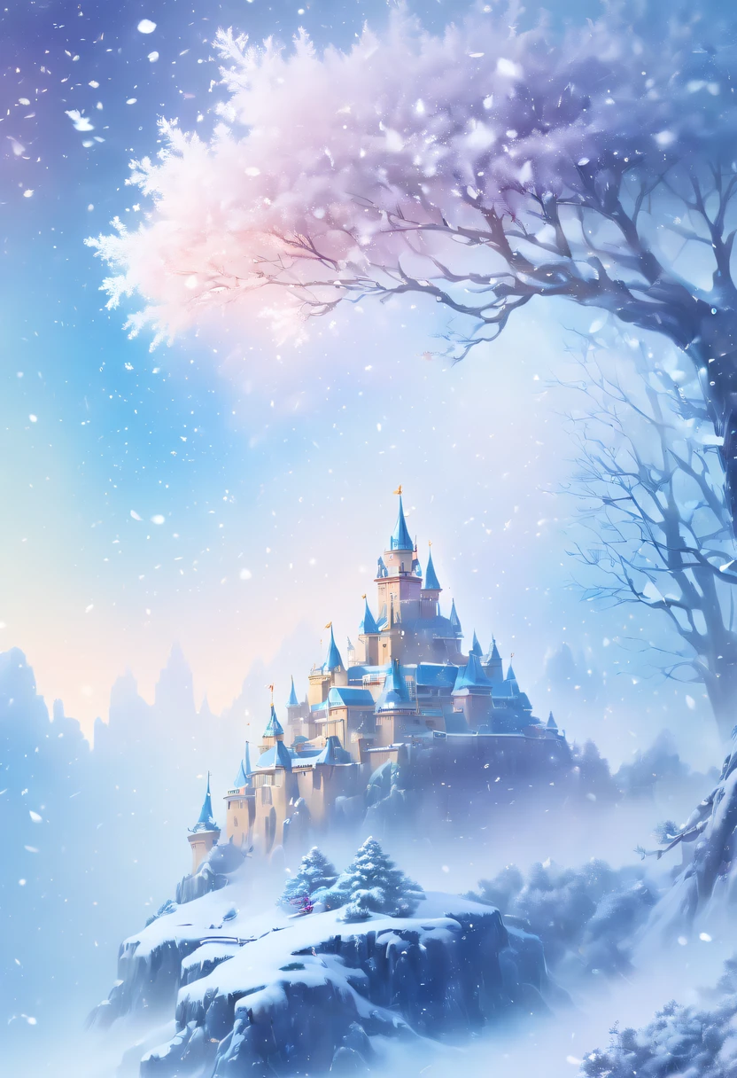 The princess's face appears in the air,(multiple exposure:1.8),winter landscape,Surreal wonderland,Dreamy cloud and fairy island,(Big snowflakes:1.3),Colorful big snowflakes are flying,A princess'The palace is covered with snow,The tree of life blooms with endless vitality,Twinkling stars in the night sky,Overlapping clouds and fog,Whimsical fantasy landscape art, Beautiful Art Ultra HD 8K, 8K highly detailed digital art, beautiful detailed fantasy, epic dreamlike fantasy landscape, Mysterious and dreamy scenery, Magic fantasy is very detailed, magical scenery, Made up of big snowflakes and dreamy floating fairy islands, detailed fantasy digital art, 8K detailed digital art