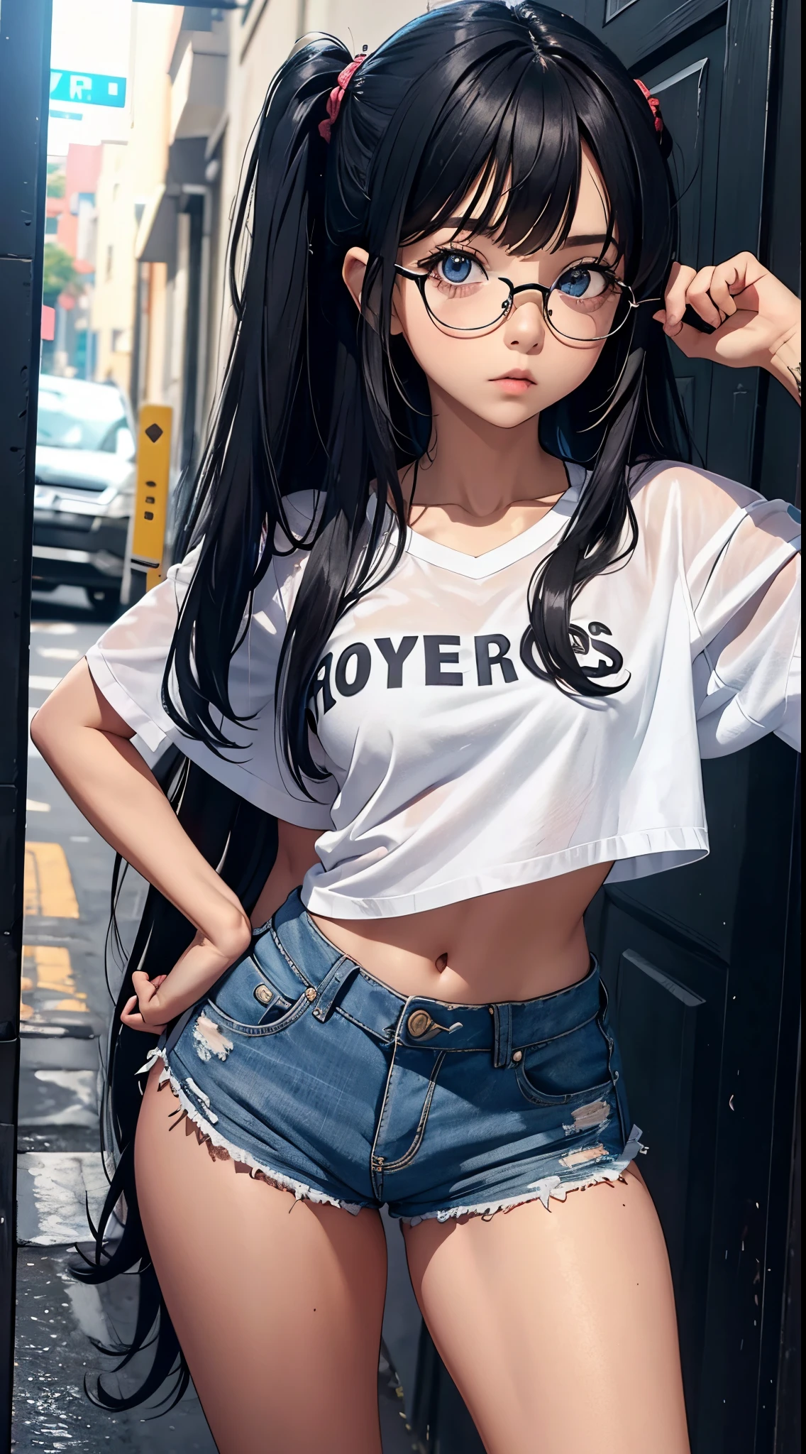 1girl, franja, Corpo de Loli, olhos muito detalhados, Menina de 14 anos, penteados loiros, Penteado curto, clivagem, boca sensual, seios grandes, bunda de frente para o espectador, back to screen, sorrir, shorts sensuais, micro shorts 1.6, Ultra HD |, Imagem 4k, glasses, character near the camera, detalhe do cabelo, Manufacture of gum