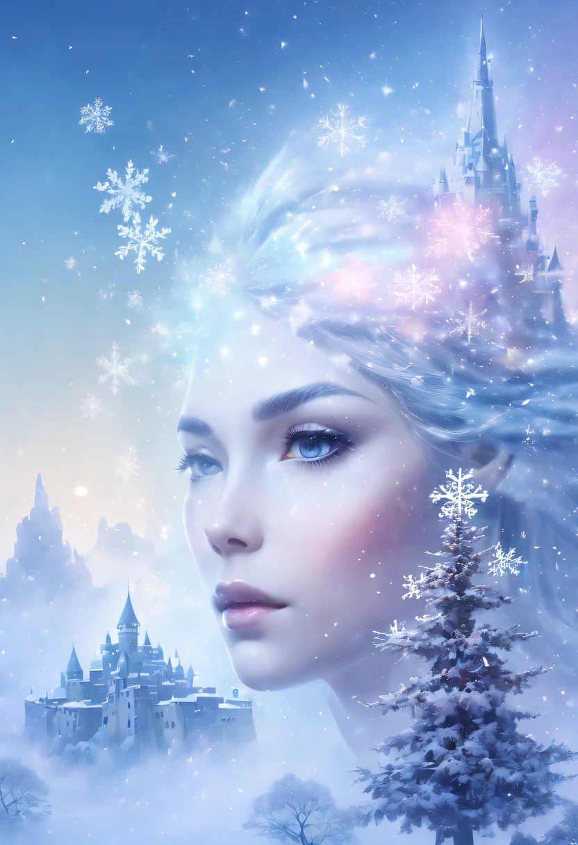 The princess&#39;s face appears in the air，(multiple exposure:1.8),winter landscape，Surreal wonderland，Dreamy cloud and fairy island，(Big snowflakes:1.3)，Colorful big snowflakes are flying，A princess&#39;The palace is covered with snow，The tree of life blooms with endless vitality，Twinkling stars in the night sky，Overlapping clouds and fog，Whimsical fantasy landscape art, Beautiful Art Ultra HD 8K, 8K highly detailed digital art, beautiful detailed fantasy, epic dreamlike fantasy landscape, Mysterious and dreamy scenery, Magic fantasy is very detailed, magical scenery, Made up of big snowflakes and dreamy floating fairy islands, detailed fantasy digital art, 8K detailed digital art