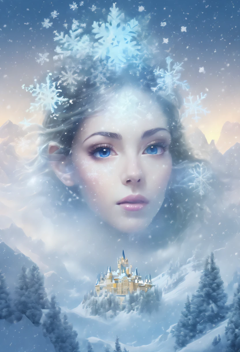 The princess's face appears in the air,(multiple exposure:1.8),winter landscape,Surreal wonderland,Dreamy cloud and fairy island,(Big snowflakes:1.3),Colorful big snowflakes are flying,A princess'The palace is covered with snow,The tree of life blooms with endless vitality,Twinkling stars in the night sky,Overlapping clouds and fog,Whimsical fantasy landscape art, Beautiful Art Ultra HD 8K, 8K highly detailed digital art, beautiful detailed fantasy, epic dreamlike fantasy landscape, Mysterious and dreamy scenery, Magic fantasy is very detailed, magical scenery, Made up of big snowflakes and dreamy floating fairy islands, detailed fantasy digital art, 8K detailed digital art