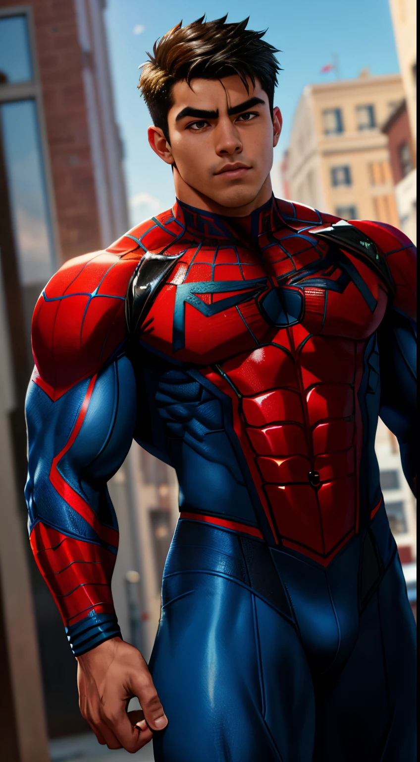 A (younscular mexican hero with Spider-man suit, big muscles. Very handsome teen. Masked