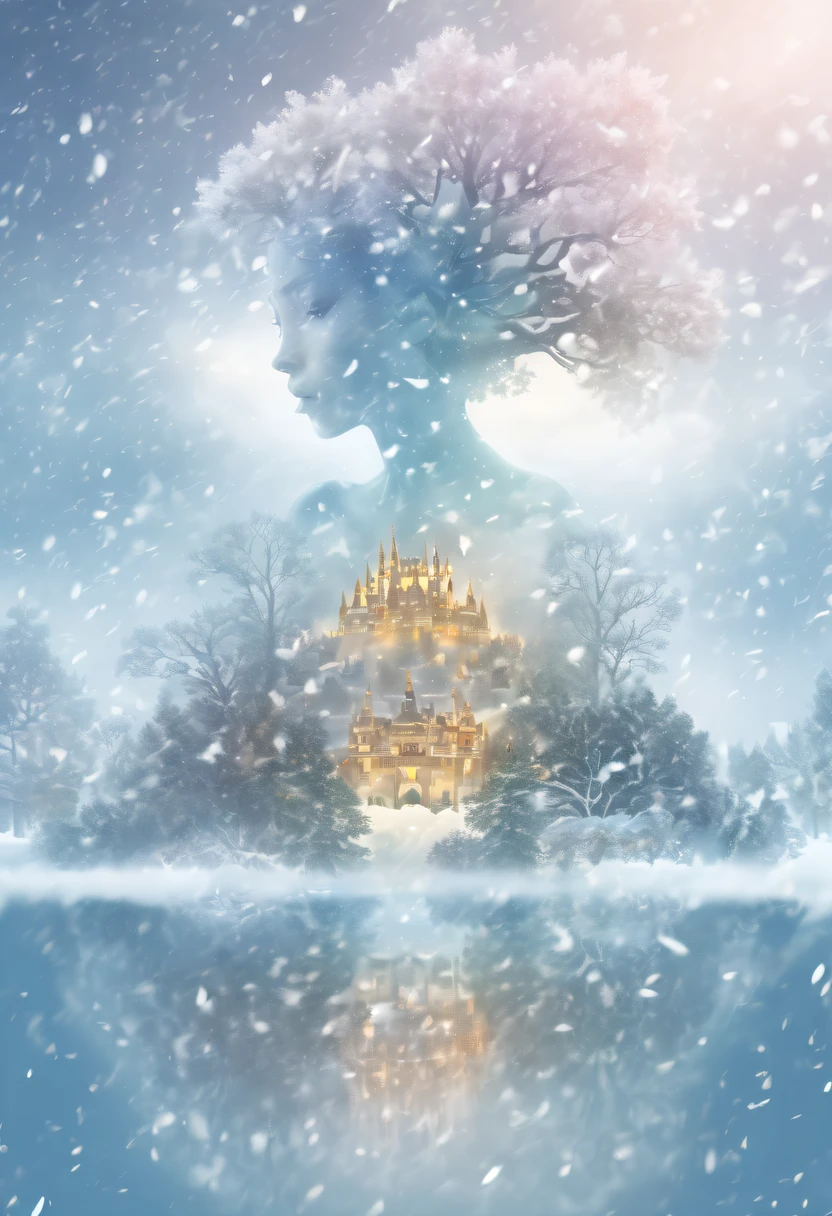 The princess&#39;s face appears in the air，(multiple exposure:1.8),winter landscape，Surreal wonderland，Dreamy cloud and fairy island，(Big snowflakes:1.3)，Colorful big snowflakes are flying，A princess&#39;The palace is covered with snow，The tree of life blooms with endless vitality，Twinkling stars in the night sky，Overlapping clouds and fog，Whimsical fantasy landscape art, Beautiful Art Ultra HD 8K, 8K highly detailed digital art, beautiful detailed fantasy, epic dreamlike fantasy landscape, Mysterious and dreamy scenery, Magic fantasy is very detailed, magical scenery, Made up of big snowflakes and dreamy floating fairy islands, detailed fantasy digital art, 8K detailed digital art