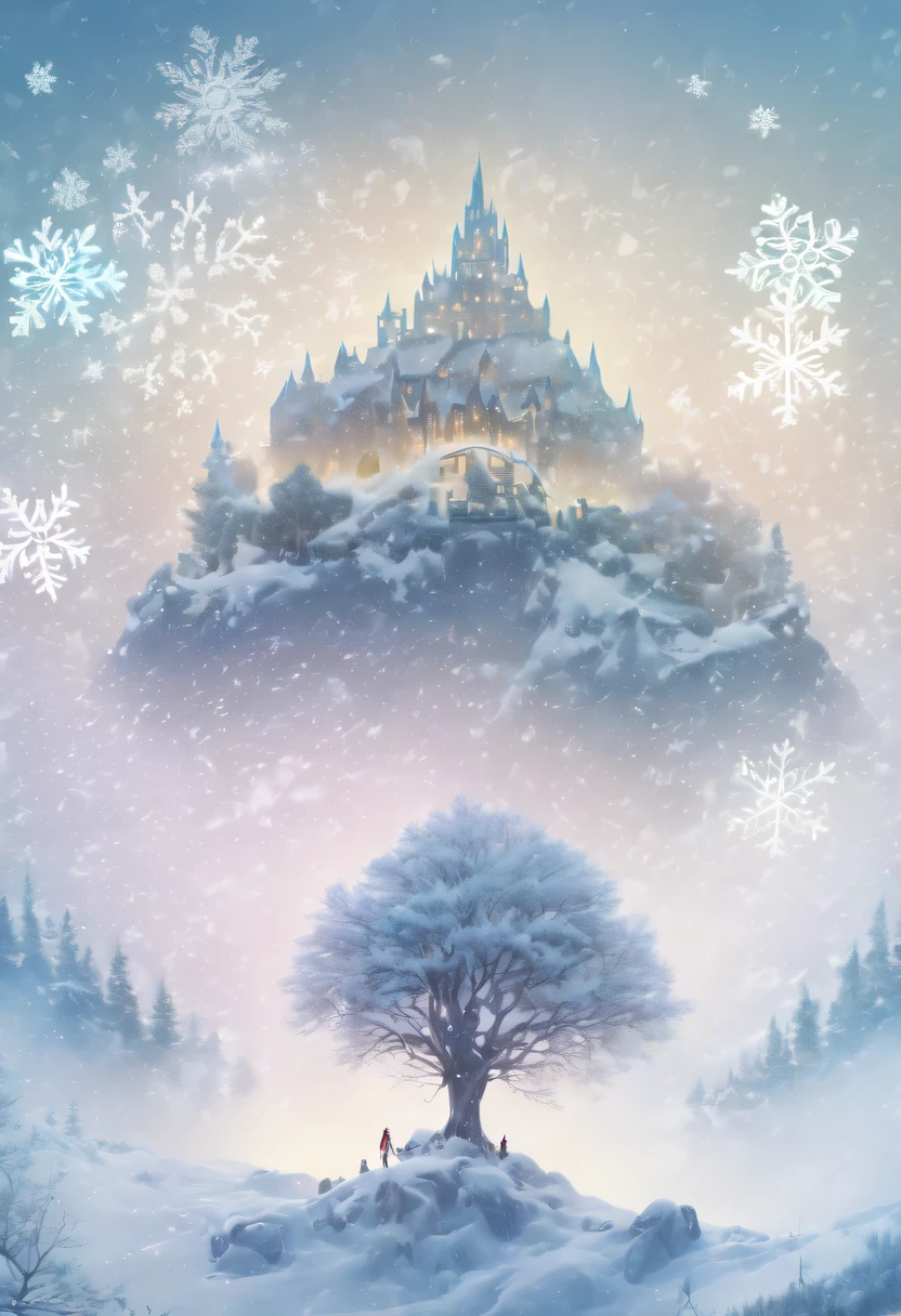 The princess's face appears in the air,(multiple exposure:1.8),winter landscape,Surreal wonderland,Dreamy cloud and fairy island,(Big snowflakes:1.3),Colorful big snowflakes are flying,A princess'The palace is covered with snow,The tree of life blooms with endless vitality,Twinkling stars in the night sky,Overlapping clouds and fog,Whimsical fantasy landscape art, Beautiful Art Ultra HD 8K, 8K highly detailed digital art, beautiful detailed fantasy, epic dreamlike fantasy landscape, Mysterious and dreamy scenery, Magic fantasy is very detailed, magical scenery, Made up of big snowflakes and dreamy floating fairy islands, detailed fantasy digital art, 8K detailed digital art