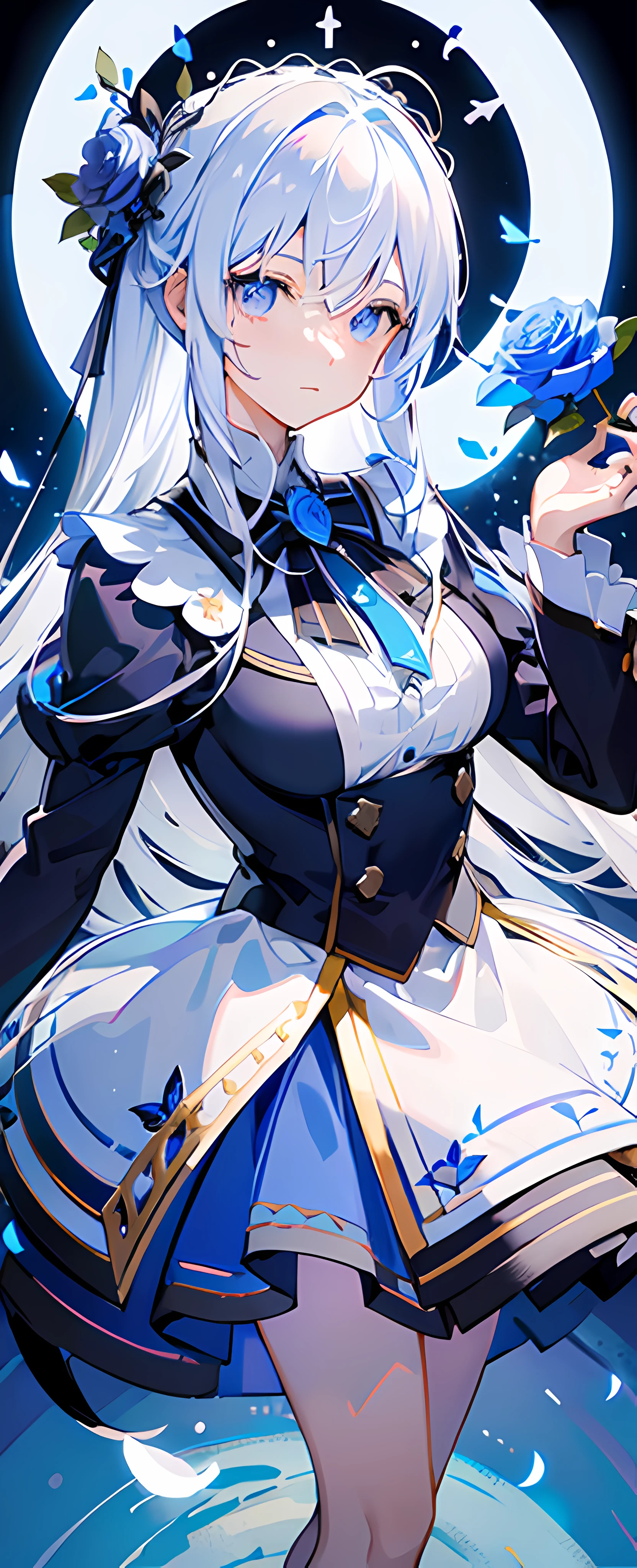 Vivi\(art-style\), Vivi\(the face\),Vivi\(visual work)), ((ultra - detailed)), pixiv, The best shadow, best illuminate, Best quality, Cinema lenses, 1 busty girl, butterflys, Flowers, Long gray hair, leaked, colored skin, looking at viewert, a purple eye, avas, rosette, Blue flowers, White hair, through bangs, blue rose, Alone, Raise Hand, petals, hair between eye, a skirt, Very long hair, blue butterflies