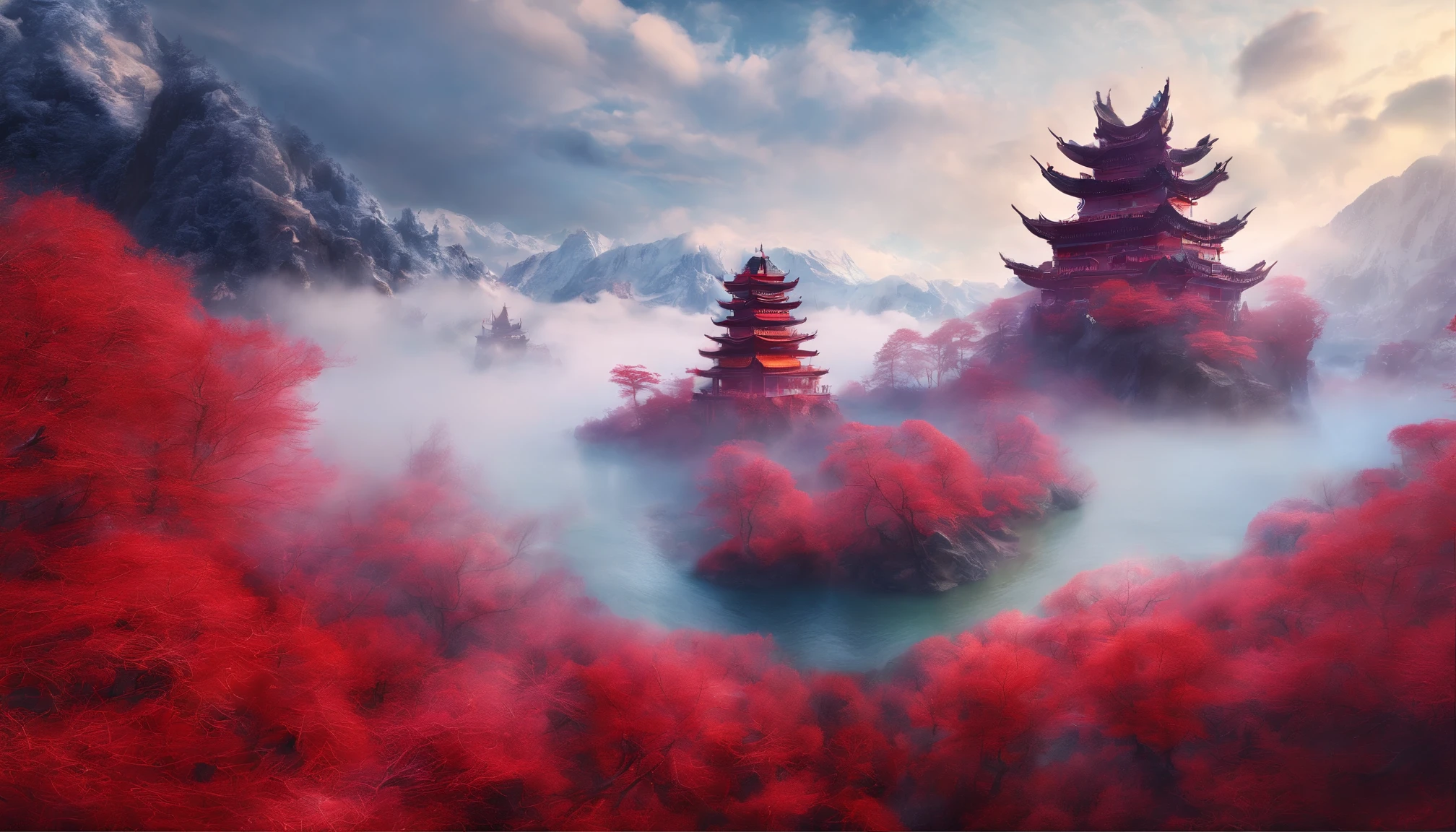 Ultra-wide angle of view，Aerial viewing angle，Chinese style，scenography，Fantasy scene of  and snow world，Red Muti Wonderland，thin fog，The clouds are elegant，levitating island beast，